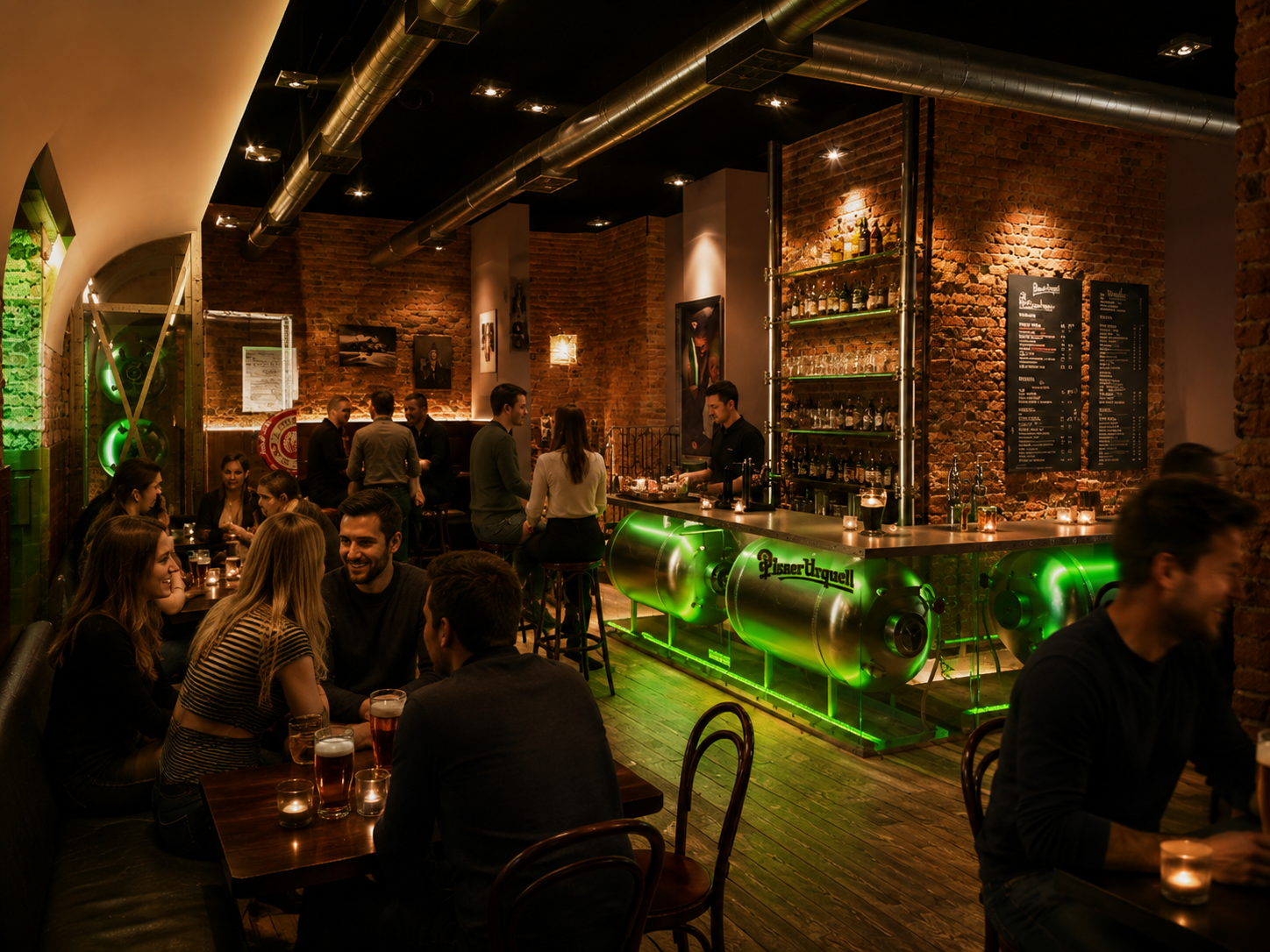 A lively bar with exposed brick walls, a fully stocked bar counter with green lighting, and groups of people socializing and drinking in a warm, dimly-lit atmosphere. Heineken