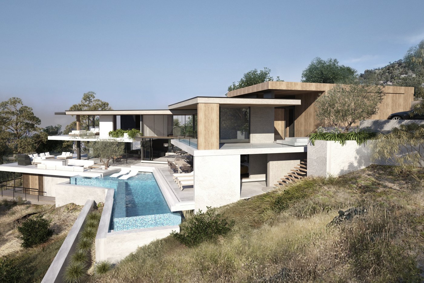 Modern multi-level house on a Kentfield hillside with a concrete and wood exterior, large glass windows, and a swimming pool.