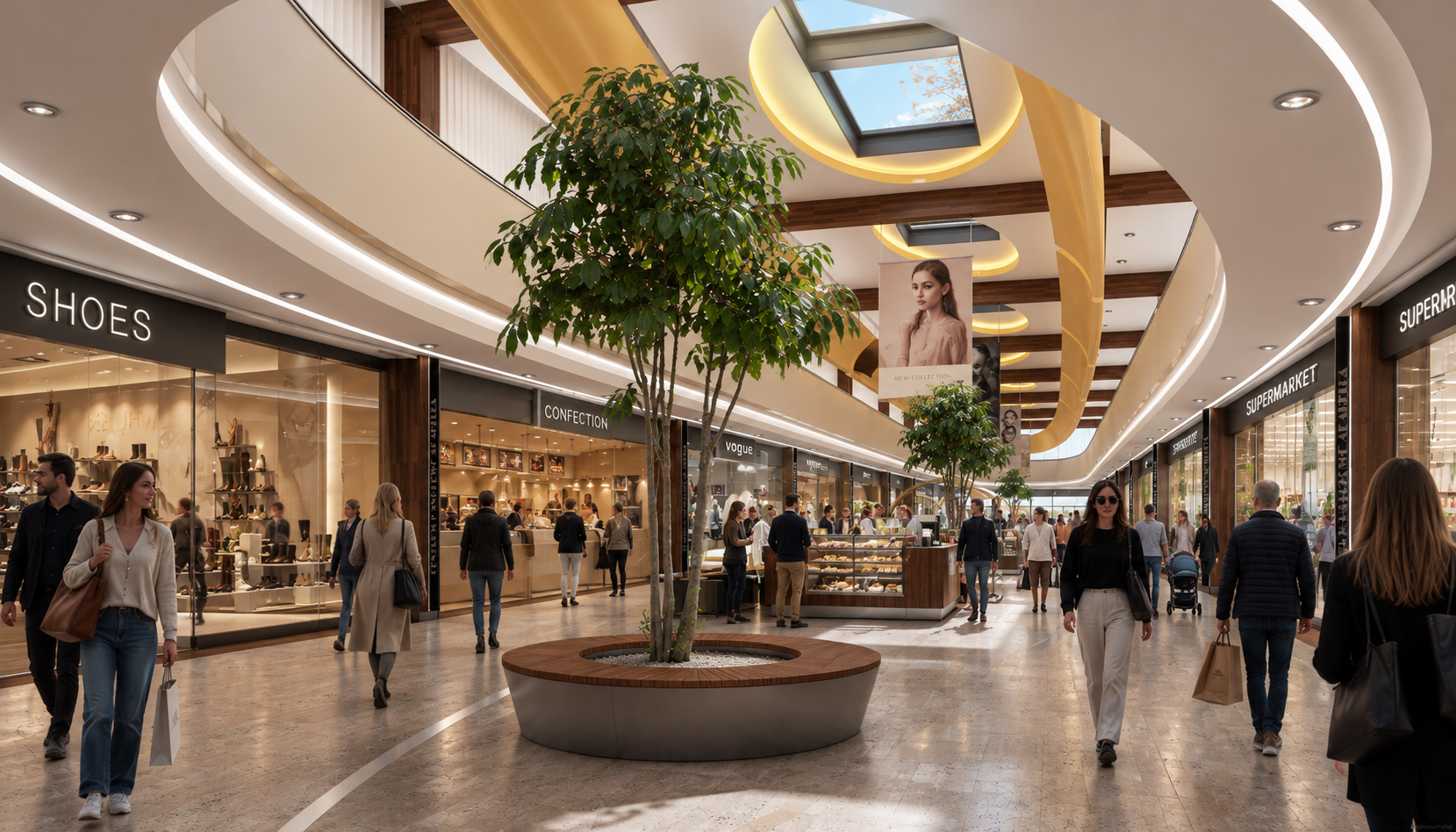 Interior of a shopping mall with people walking and shopping. There are stores with signs for shoes, confectionery, supermarket, and high-end fashion. The mall has a large skylight and decorative ceiling elements, with indoor trees in planters.