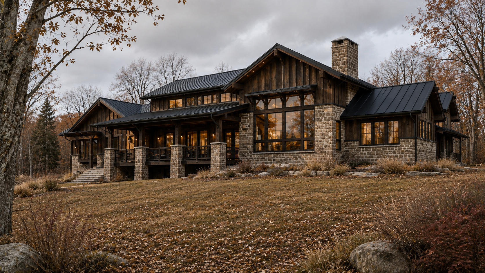 A large modern house with stone and wood exterior, large windows, and a black metal roof, set amidst leafless trees and fall foliage. IL