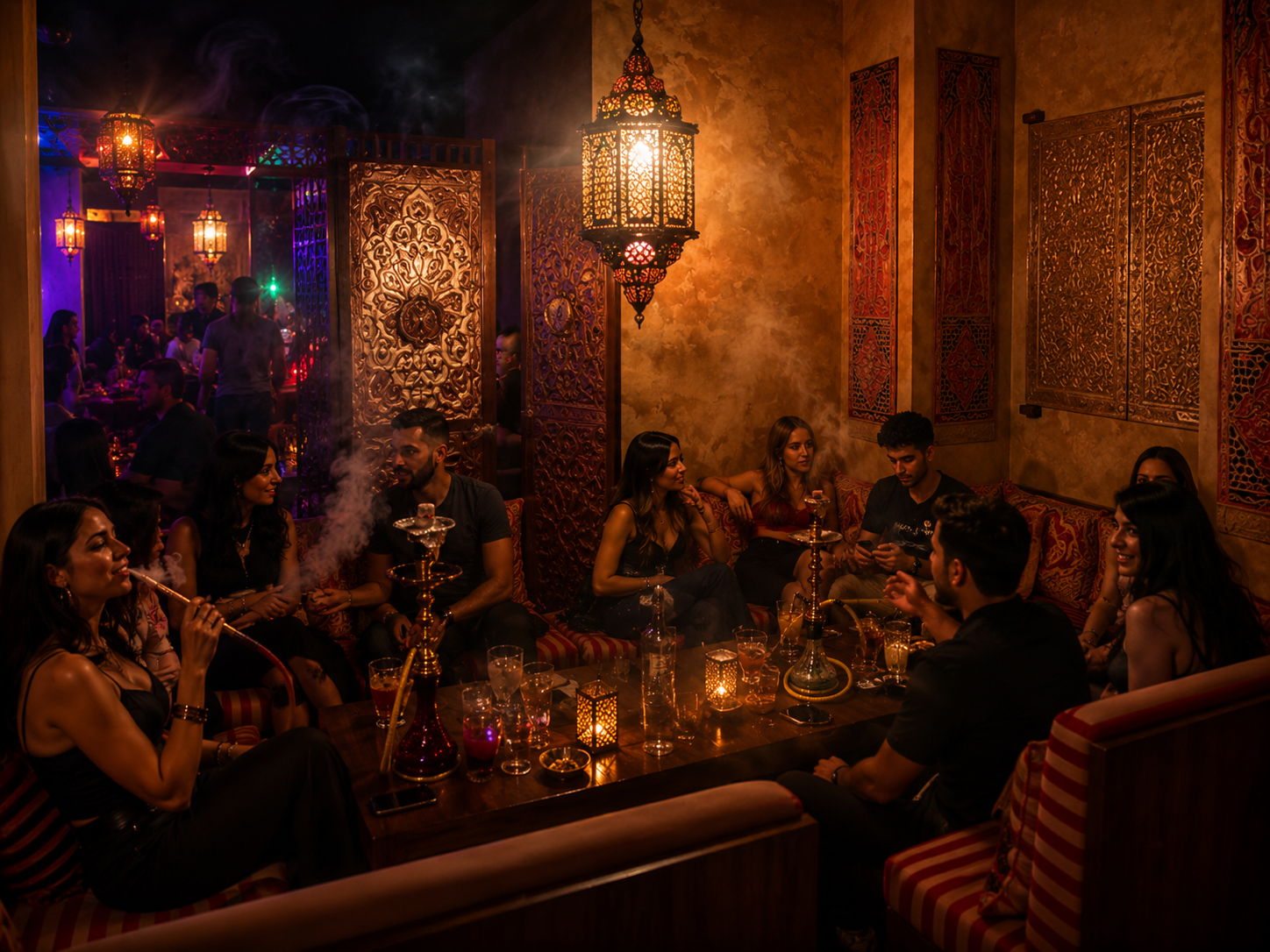 A group of young adults enjoying a hookah and drinks in a dimly lit, Middle Eastern-themed lounge with ornate lanterns, patterned walls, and elaborate decor. Manufaktura