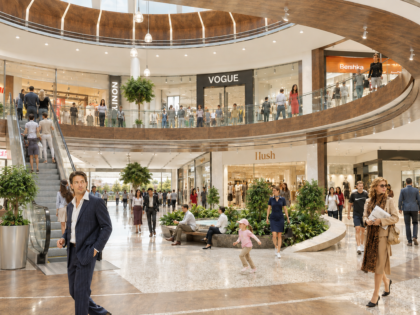 Interior of a multi-level shopping mall with people shopping, walking, and sitting. Stores like Vogue, Bershka, and Hush are visible, along with escalators and decorative plants. The mall has a modern design with wooden and glass elements. Tarnopil,