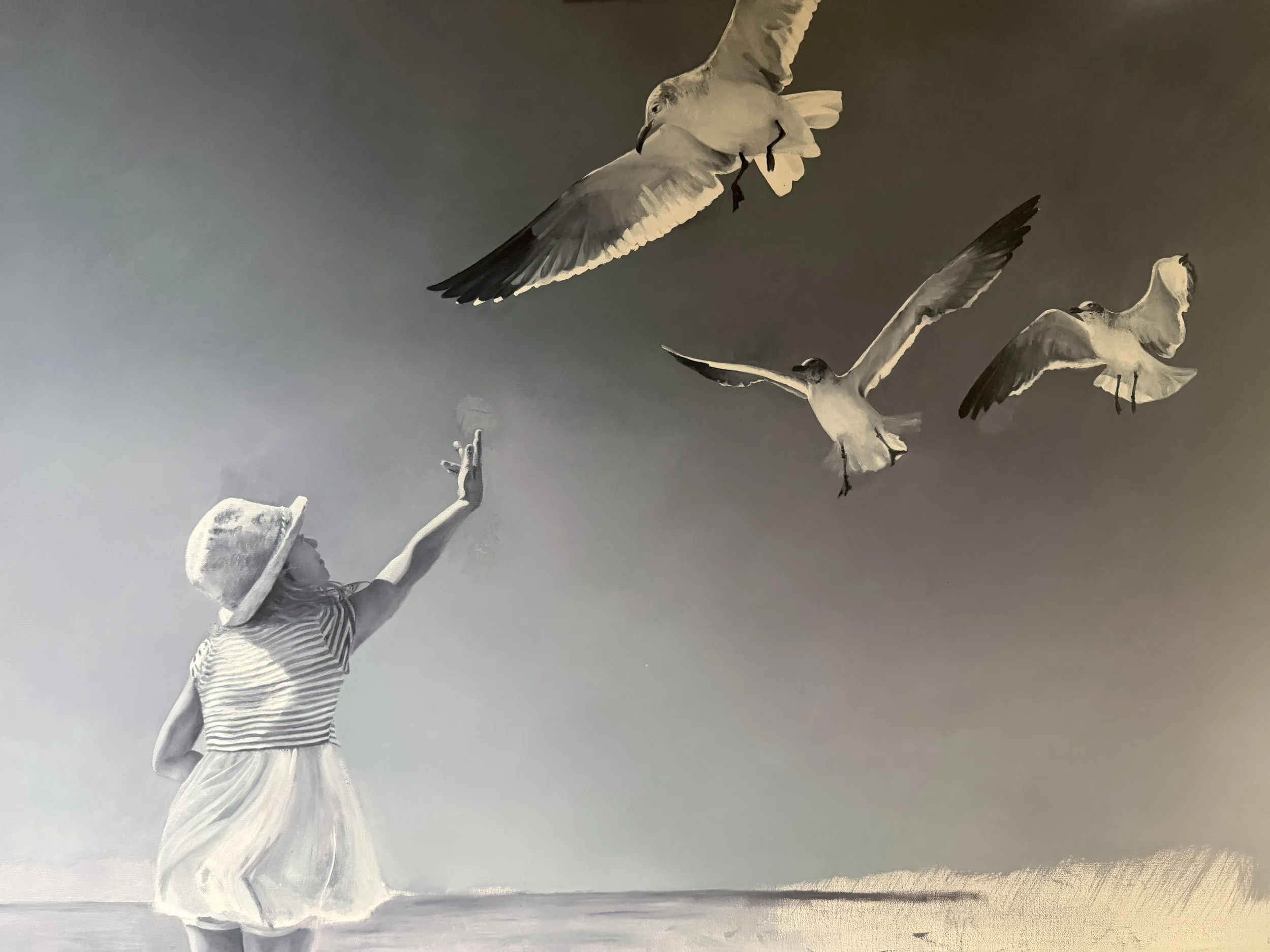 A ballerina in a striped dress performing a leap with her arms extended, and three seagulls flying in the background against a gray sky.
