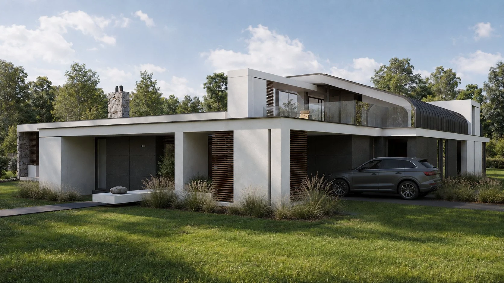 Modern two-story house with large windows, white walls, Chicago