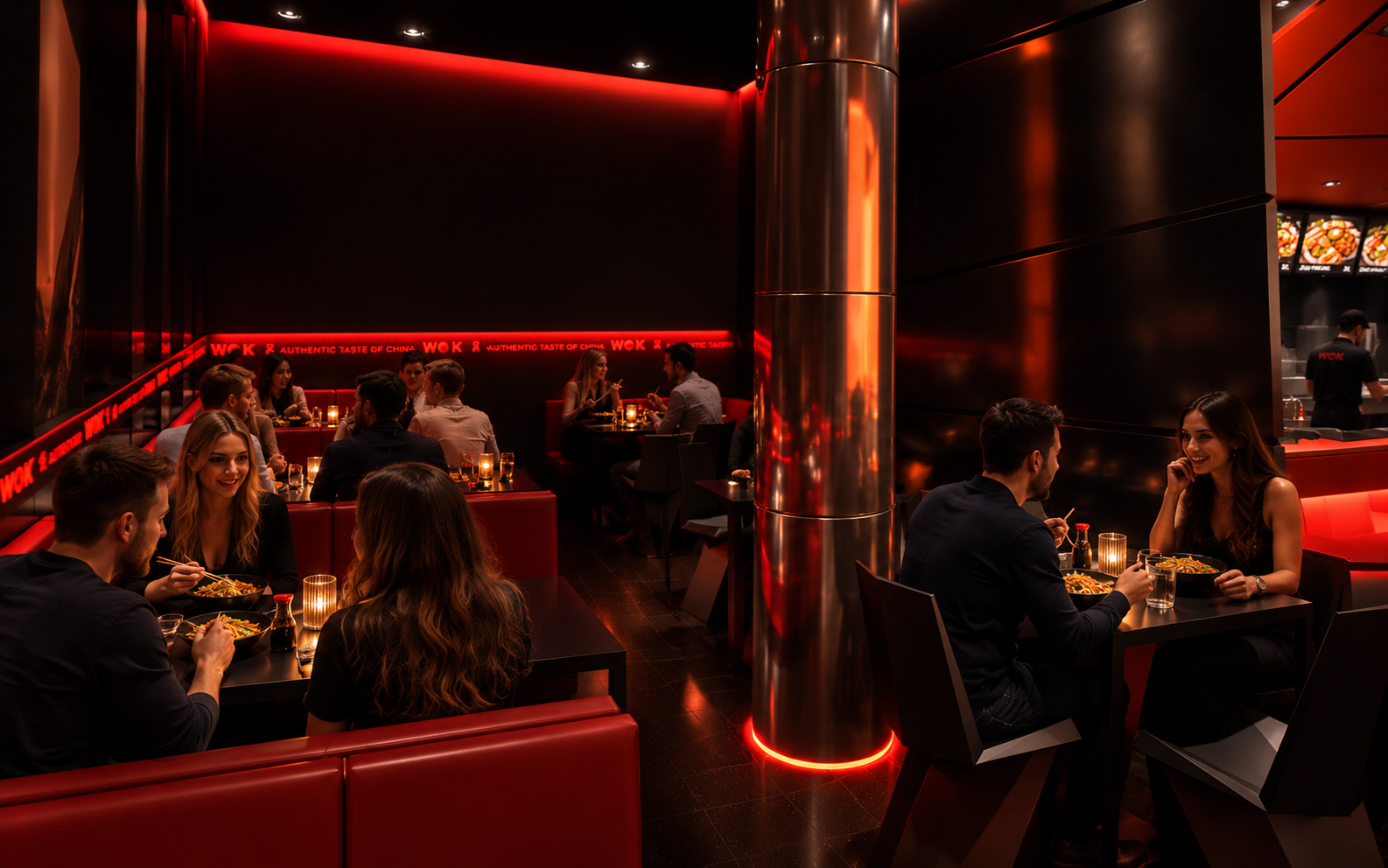 A modern Asian restaurant with red and black decor, red booth seating, and dim lighting, with groups of people dining, and a kitchen area in the background. Wook