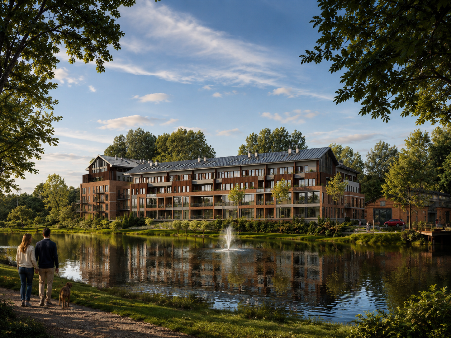 A modern multi-story apartment building adjacent to a pond with a fountain, Folwark Scheiblera Łódź, Vertano, Park nad Jasieniem