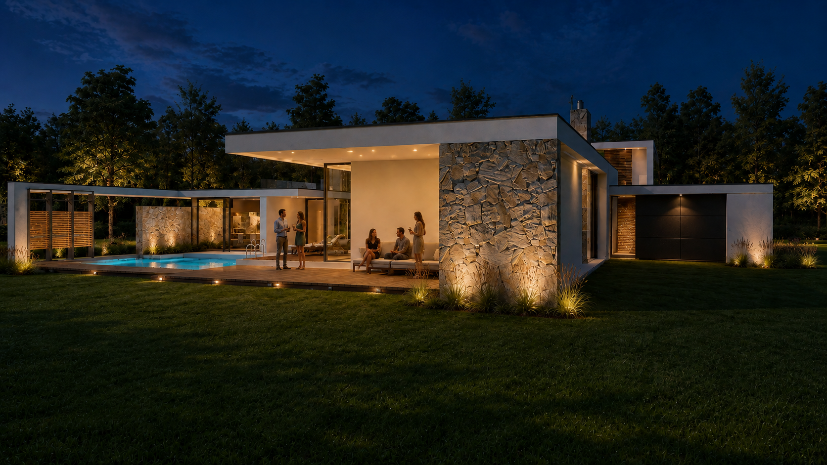 Modern house at night with outdoor swimming pool, Lomianki, Poland