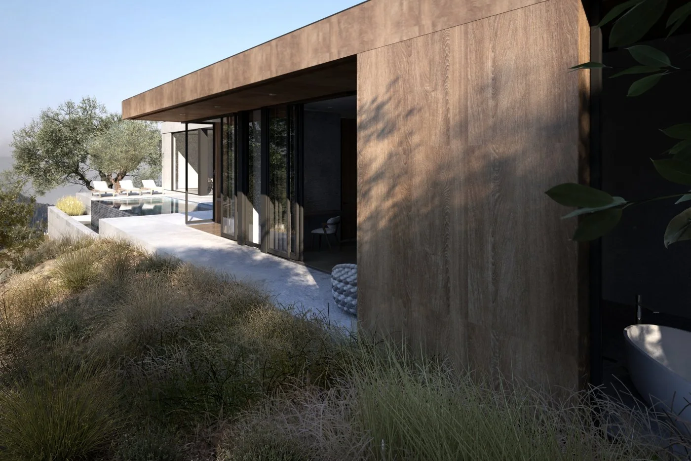 Modern house with a large glass sliding door, wooden exterior walls, outdoor seating area with sun loungers, a swimming pool, Greenbrae, Marin, California
