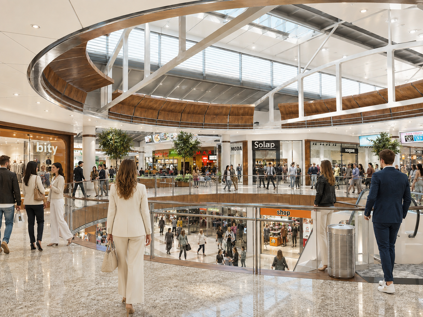 Interior of a modern shopping mall with multiple levels, stores, and shoppers walking around.