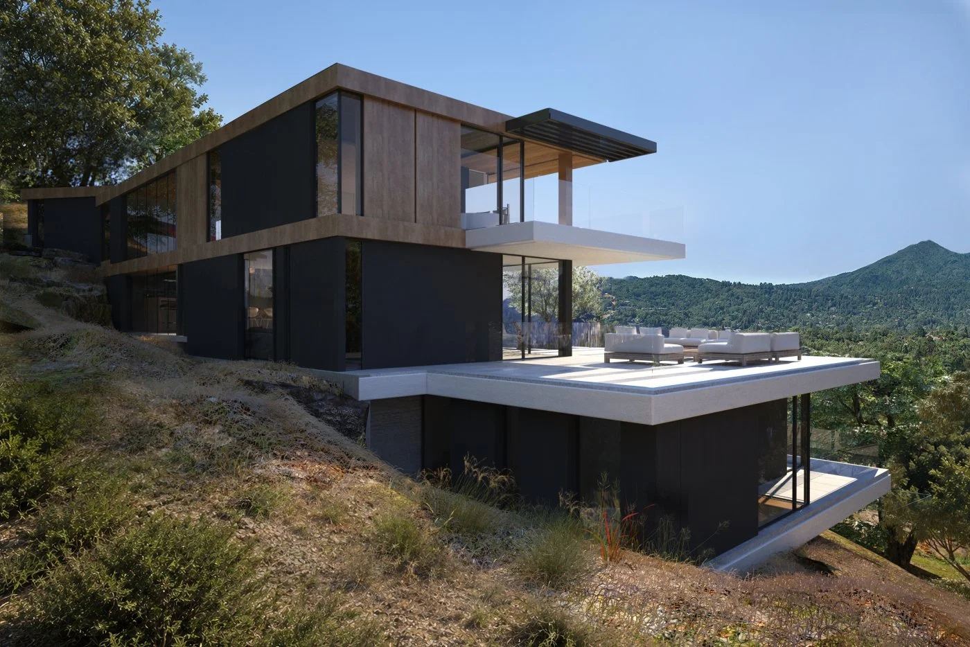 Modern multi-level house with large outdoor patio and glass railings, situated on a sloped terrain in Kentfield, Marin County, California
