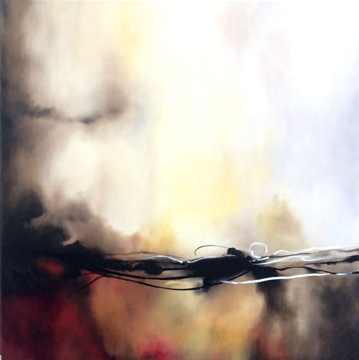 Abstract artwork with soft warm colors and black wire-like elements.
