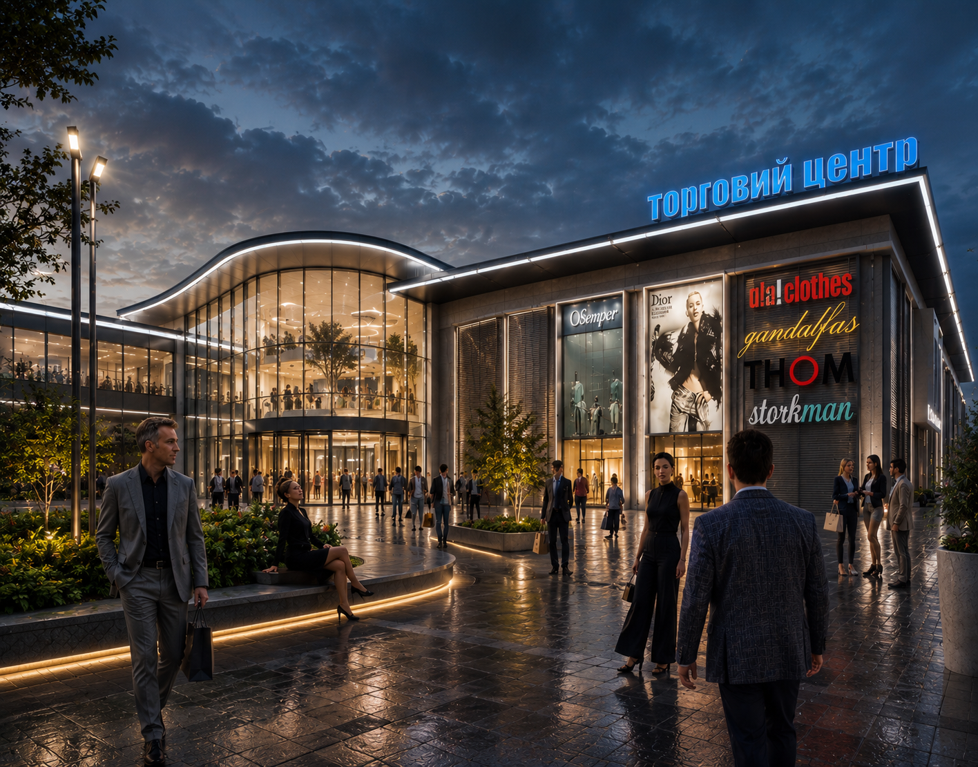 A modern shopping mall with a glass facade illuminated by warm lighting, bustling with shoppers outside during evening. The building has signs for brands and a large blue sign in Cyrillic script on top, with a mix of formal and casual dressed people walking and sitting near greenery.