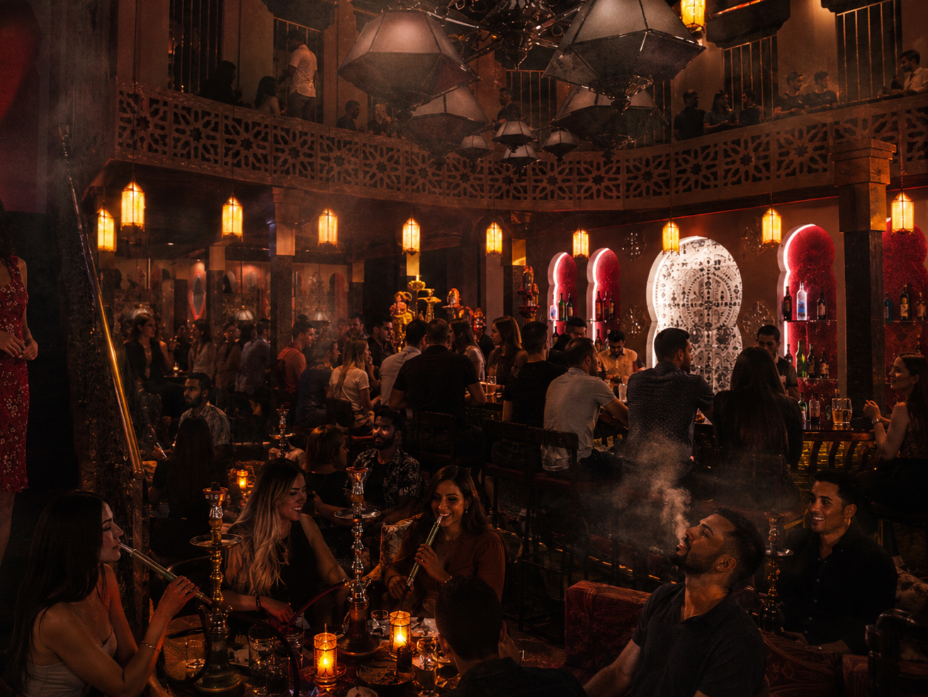 A crowded hookah lounge or bar with dim warm lighting, ornate decor, and people socializing, smoking hookahs at tables. Manufaktura
