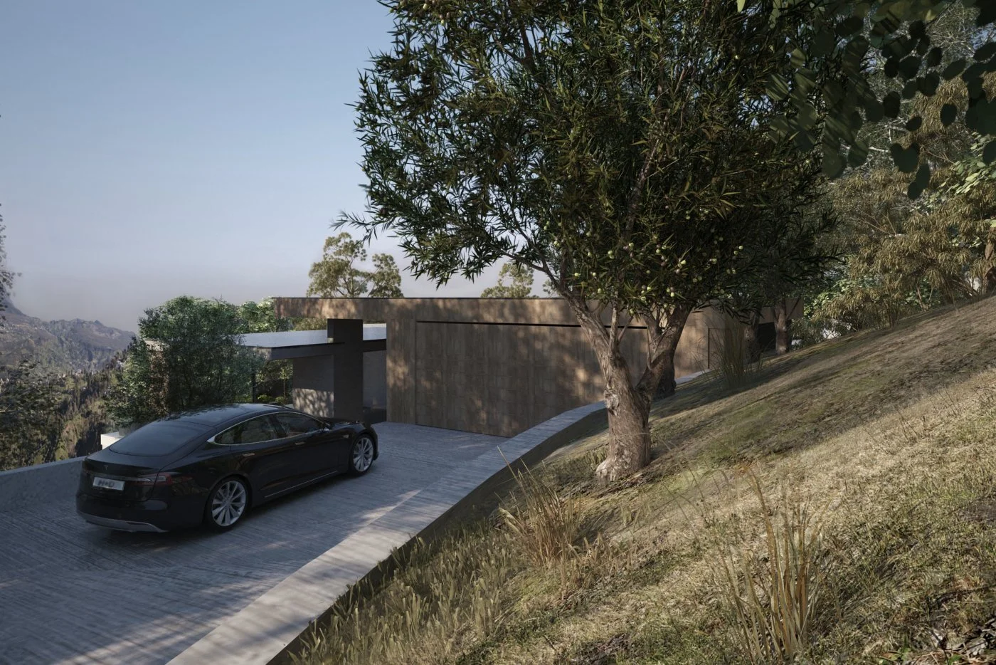 A driveway to a modern house in Kentfield California.