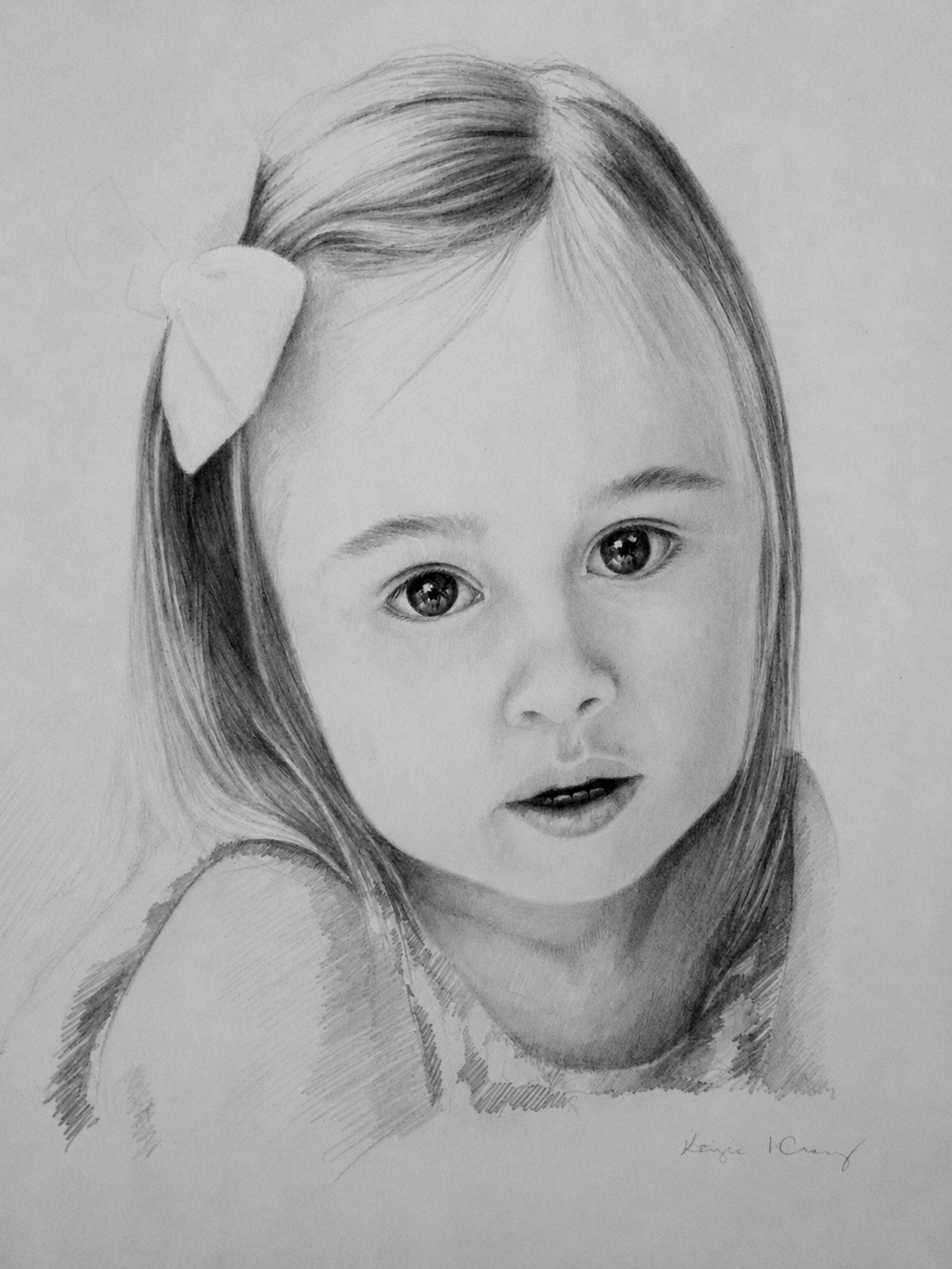 A detailed pencil sketch of a young girl with large, expressive eyes, long hair, and a white bow in her hair.