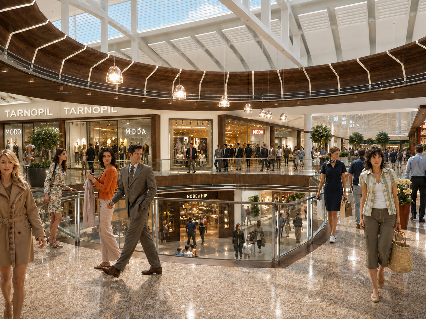 People shopping and walking inside a multi-level shopping mall with shops and store signs, marble flooring, large windows, and a spacious, modern design.