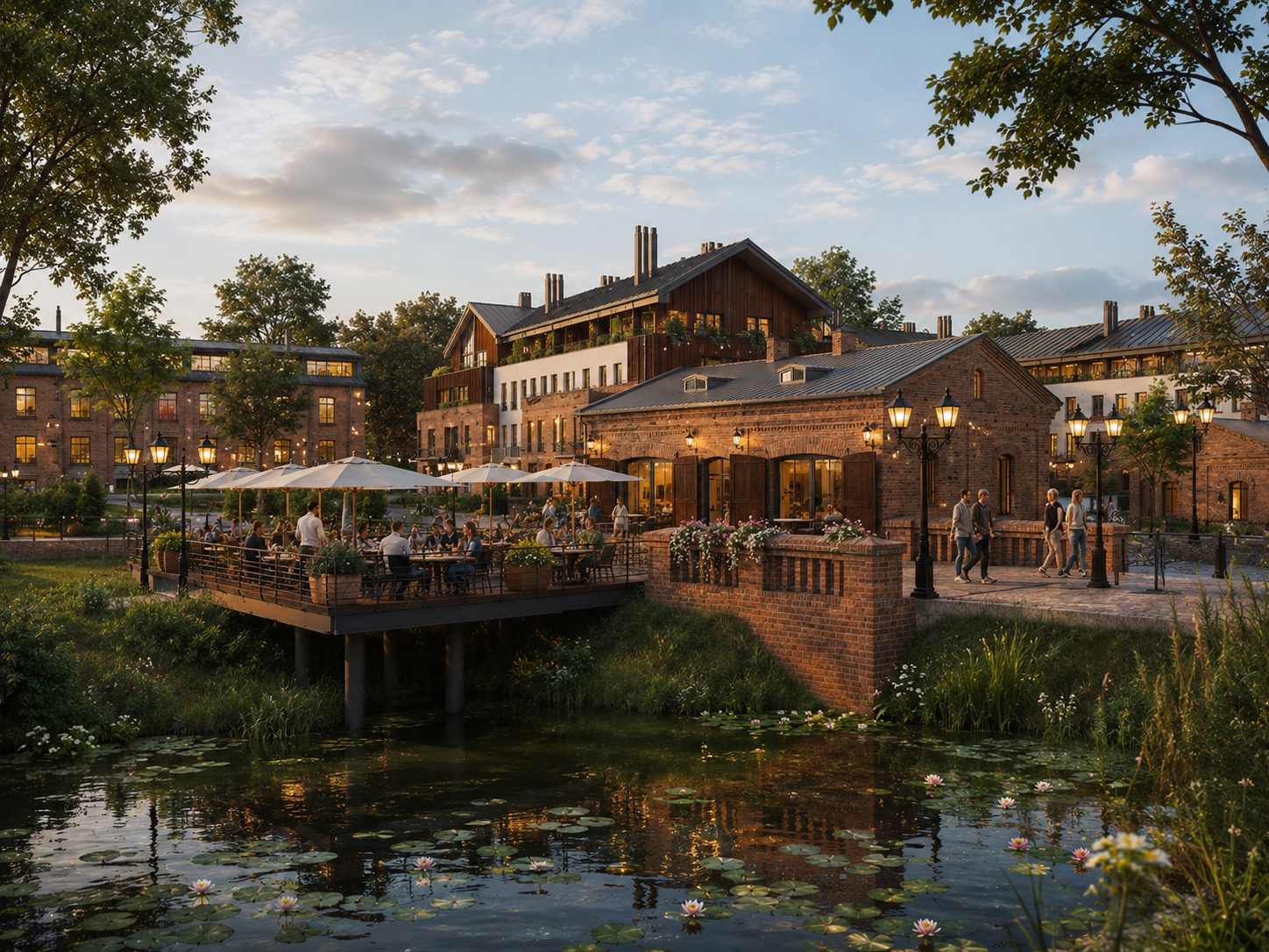 A scenic outdoor patio of a restaurant or cafe near a pond with lily pads and blooming flowers, Folwark Scheiblera Łódź, Vertano