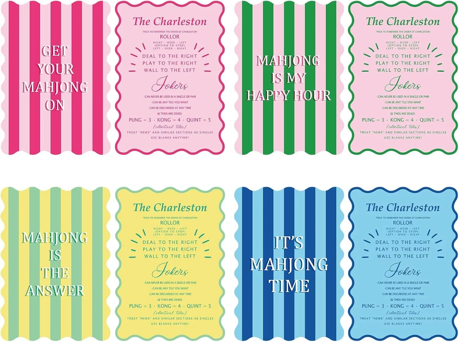 Collection of six colorful card designs with striped backgrounds and text related to Mahjong. The cards have varying colors: pink, green, yellow, dark blue, and light blue. Each card features a creative phrase or instructions, such as "GET YOUR MAHJONG ON," "MAHJONG IS MY HAPPY HOUR," "IT'S MAHJONG TIME," and slogans like "THE CHARLESTON" and "THE ANSWER." The designs include playful fonts and decorative borders.