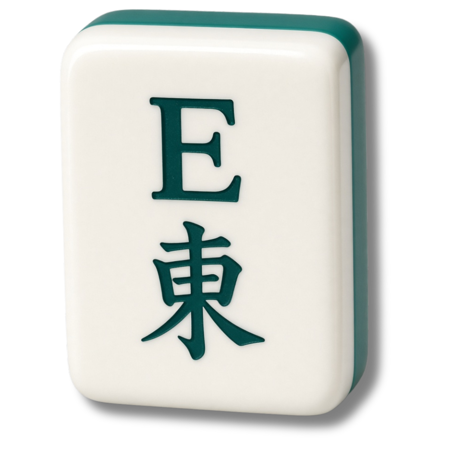 Close-up of a white tile with green Japanese characters, indicating 'East' side.
