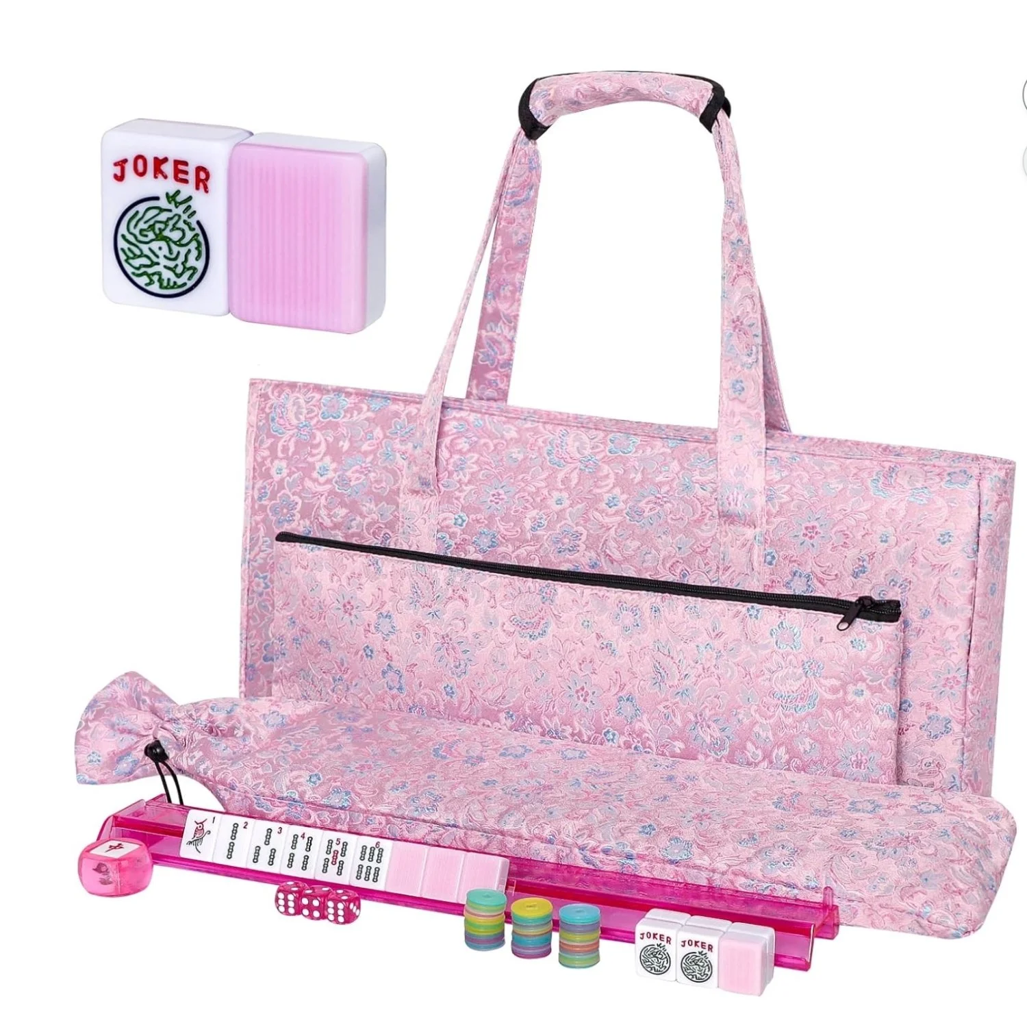 Board game set with pink floral carrying case, checkers, dice, poker chips, and a pink plastic tray.
