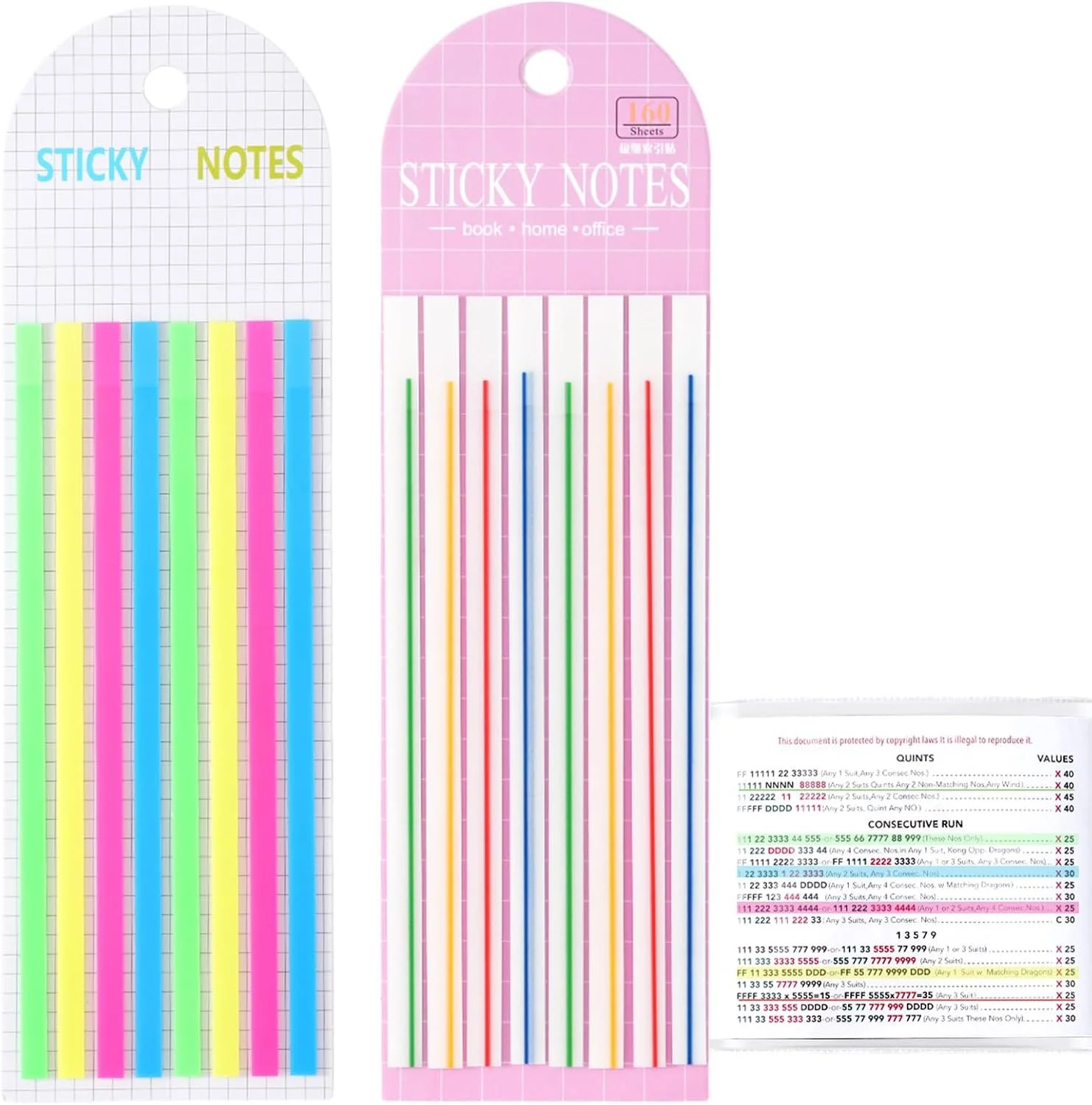 Two packages of sticky notes, one with a grid pattern and the other pink with a list of the number of sheets and visualized multicolored sticky notes.