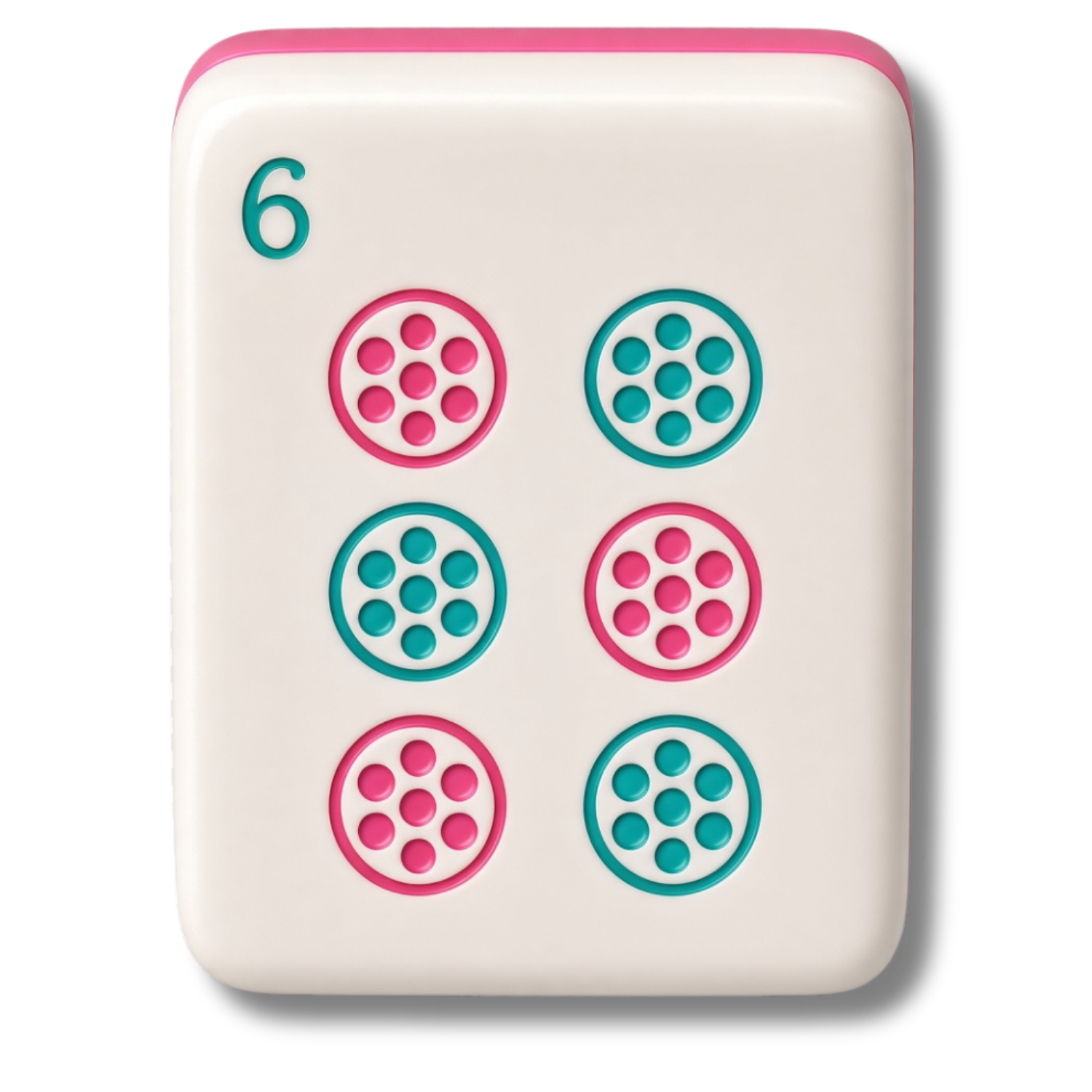 Close-up of a white rectangular object with pink edges featuring six circular patterns in blue and pink, with the number 6 in the top left corner.