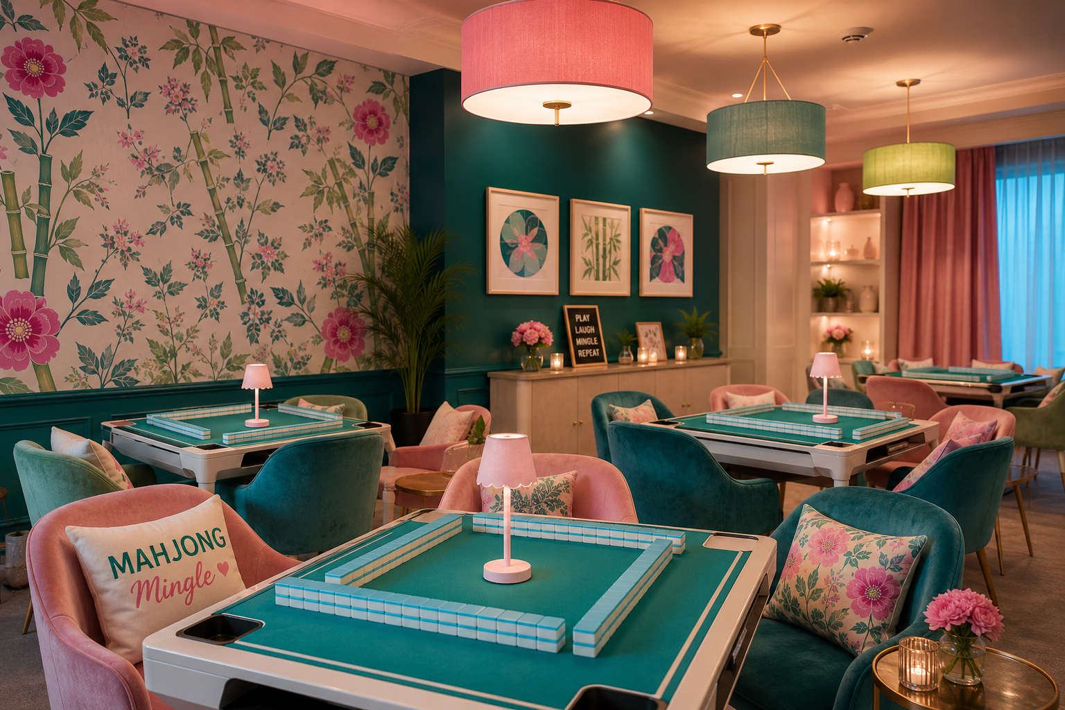 Interior of a colorful, cozy room decorated with pink and teal accents, featuring floral and bamboo wall art, multiple Mahjong tables with pink and teal chairs, table lamps, and decorative pillows, illuminated by hanging and table lighting.