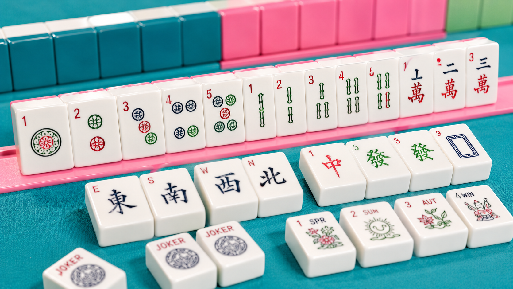 A close-up of a Mahjong game setup with tiles arranged in a row and smaller sets of Mahjong and playing cards on a blue surface.