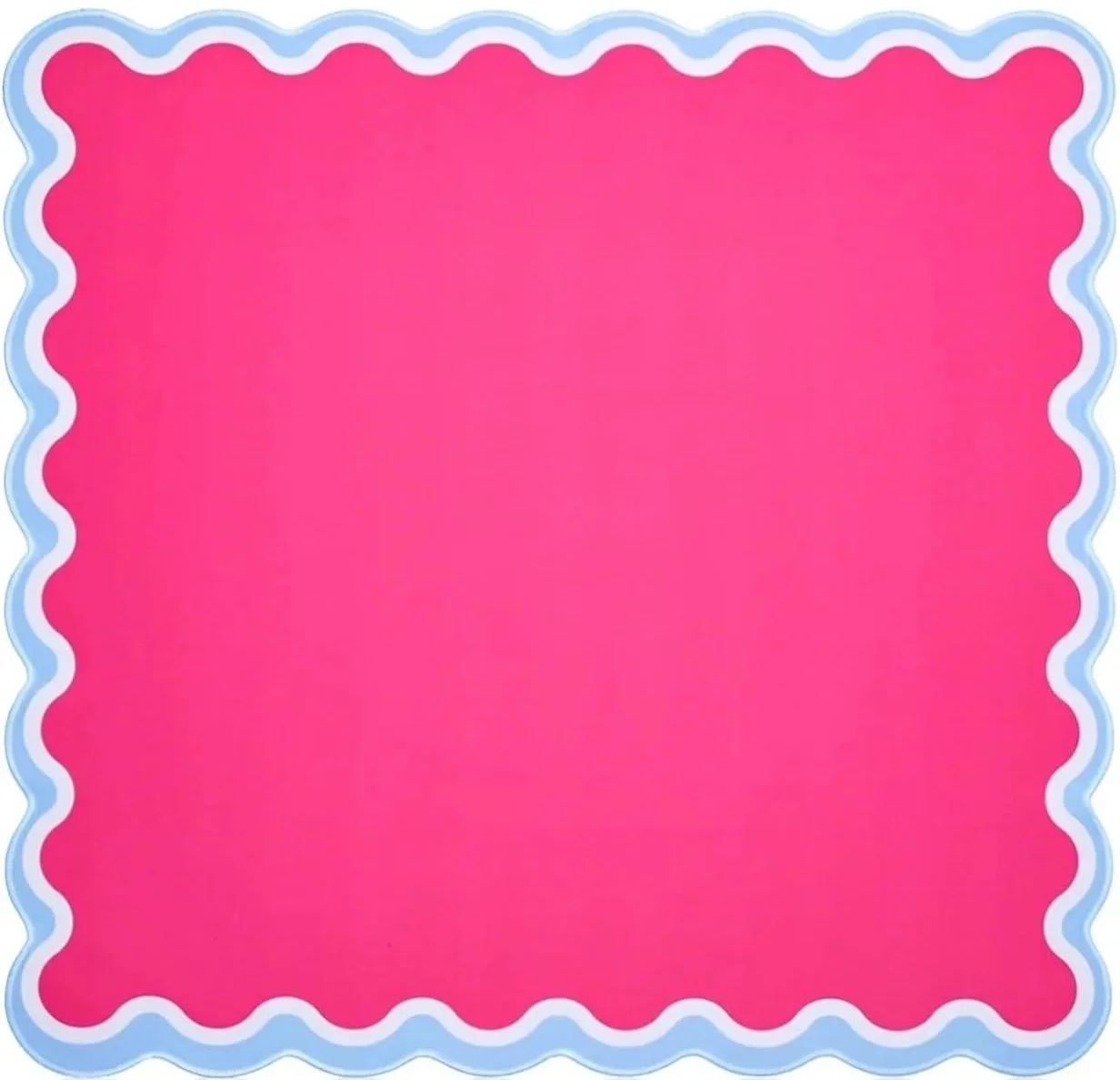 Pink square with wavy white and blue border.