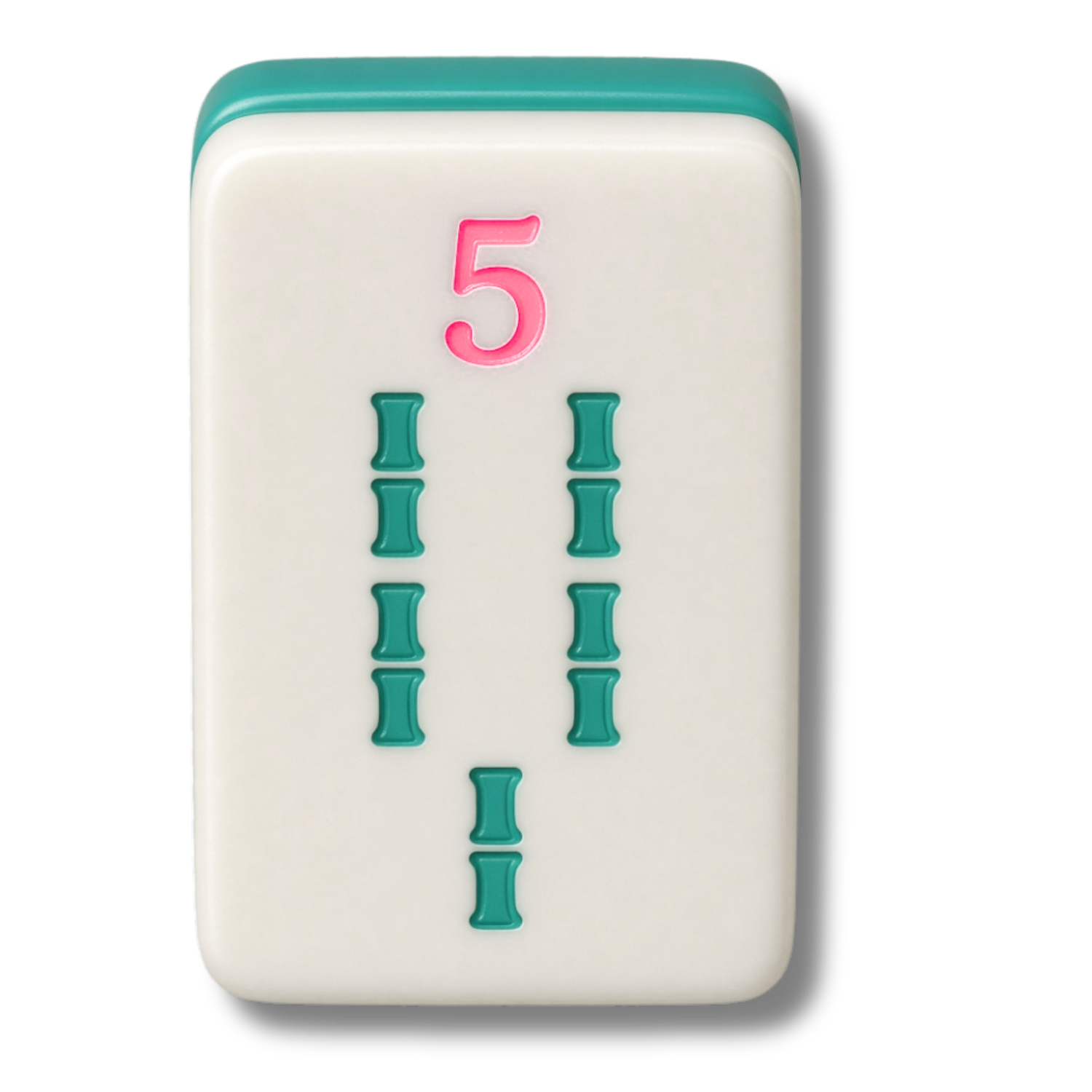 Close-up of a Mahjong tile with the number 5 in pink and four green bamboo sticks in two columns.