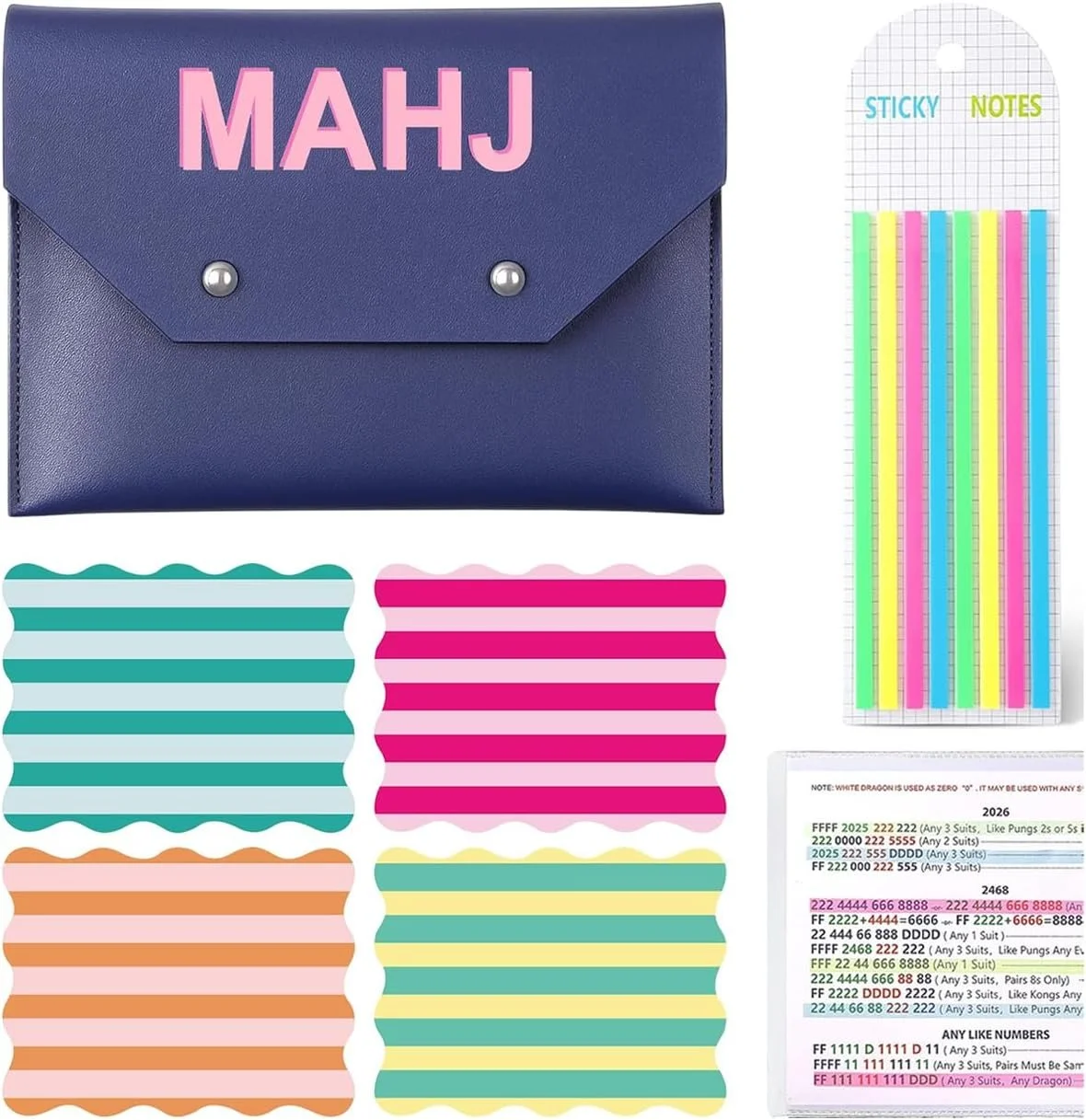 A navy blue envelope-style pouch with pink lettering that says 'MAHJ' on the flap, four sets of colorful sticky notes with wavy edges in teal, pink, orange, and yellow, a sheet of colorful sticky note strips in pastel shades, and a pattern sheet of color codes and notes.