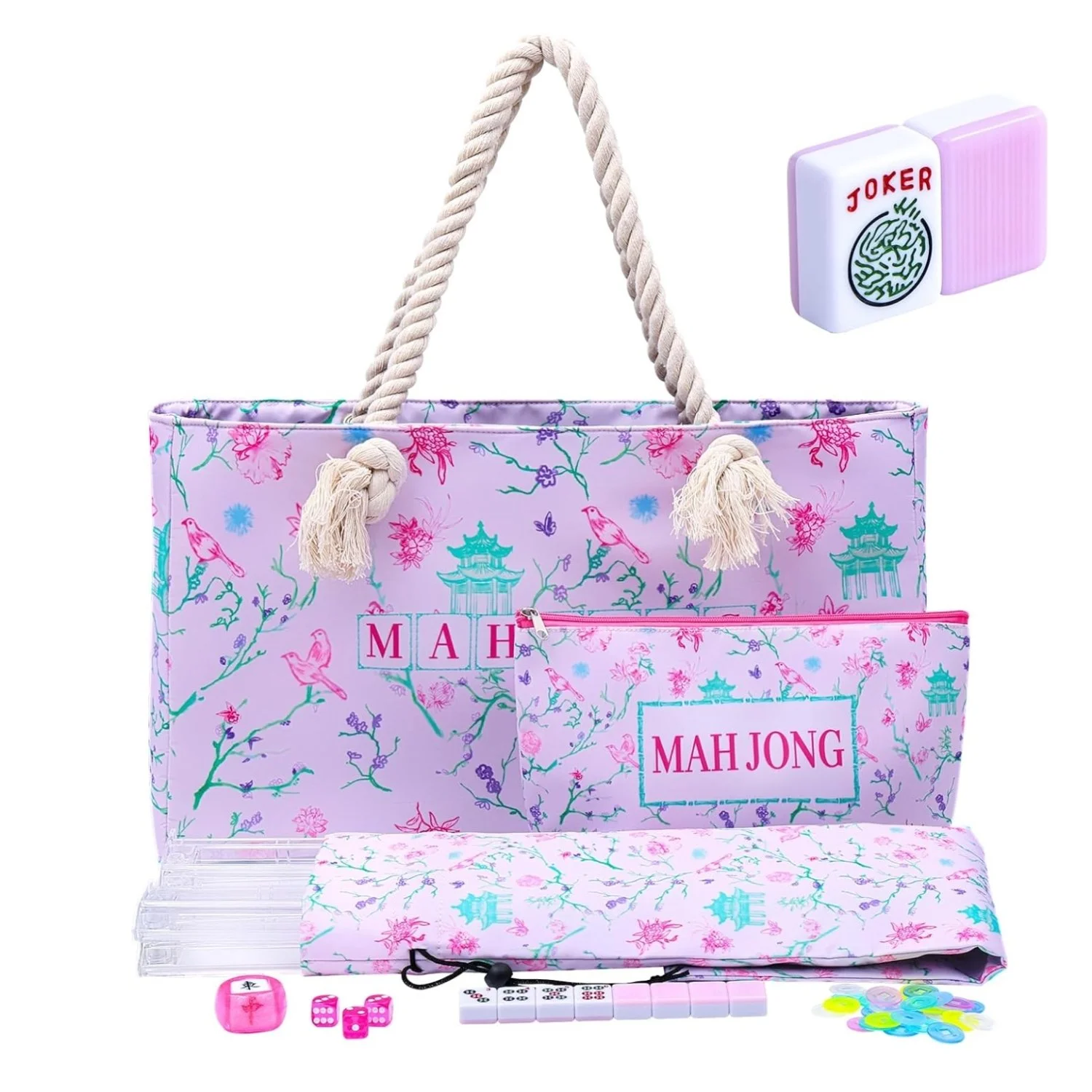 A collection of Mahjong game accessories including a floral pink Mahjong bag, a matching fabric cover, Mahjong tiles, a Mahjong score pad, and game pieces such as dice, tokens, and a pink timer. The bag has a rope handle and tassels.