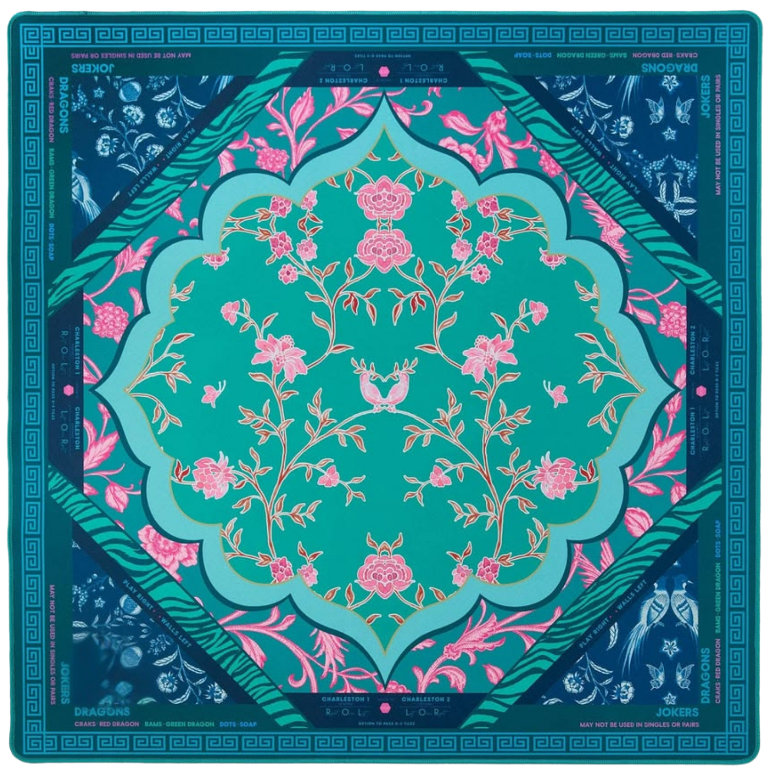 A colorful Mahjong Mat with a floral and dragon motif, featuring pink flowers, a bird, and intricate decorative border patterns.