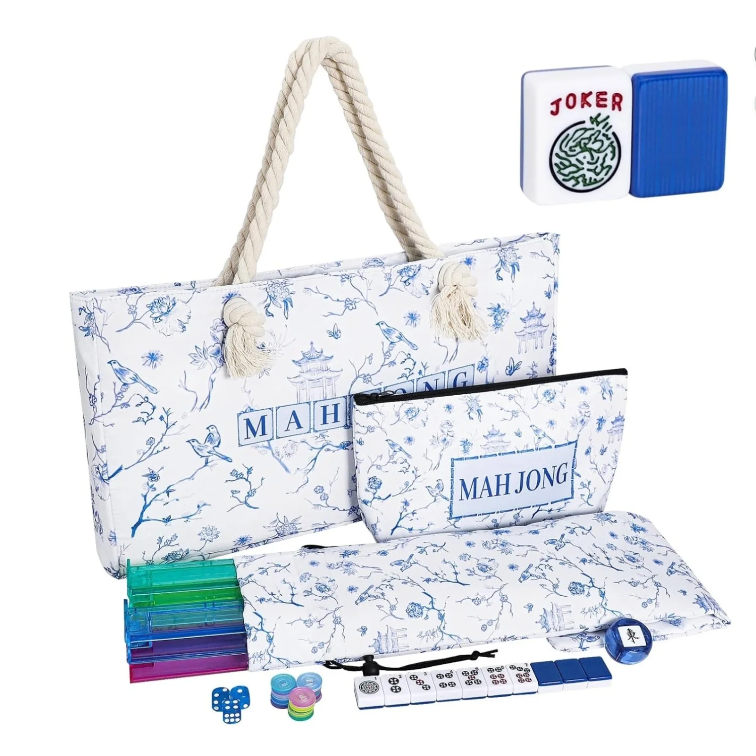 Board game set with Mah Jong tiles, colorful plastic chips, dice, and accessories, all displayed on a blue and white floral patterned bag and pouches.