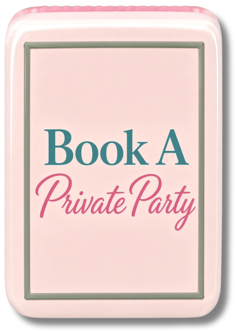 Mahjong tile reading 'Book A Private Party' in teal and pink text on a white background.