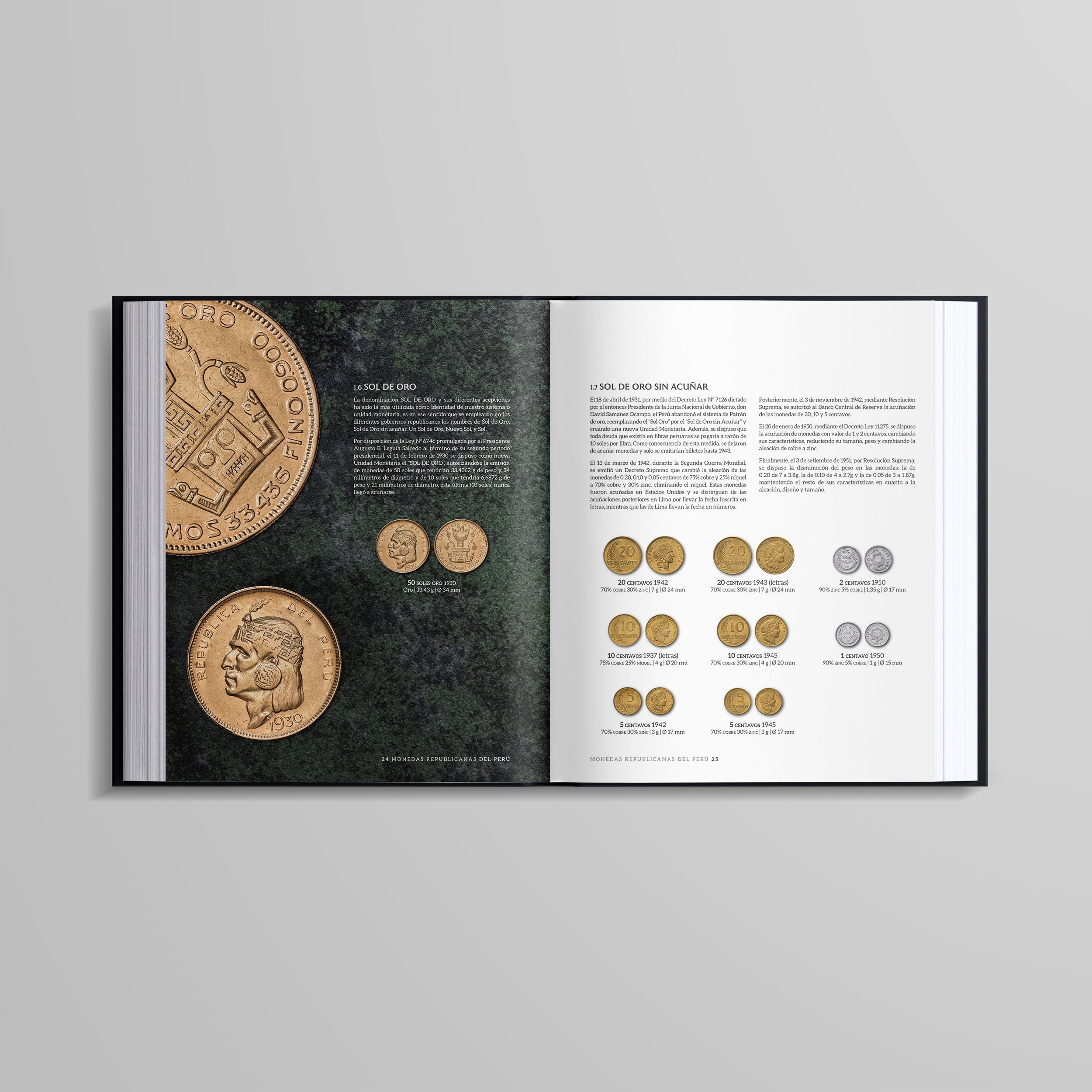 Doble página del libro Monedas Republicanas del Perú, con fotografías y descripciones de monedas.