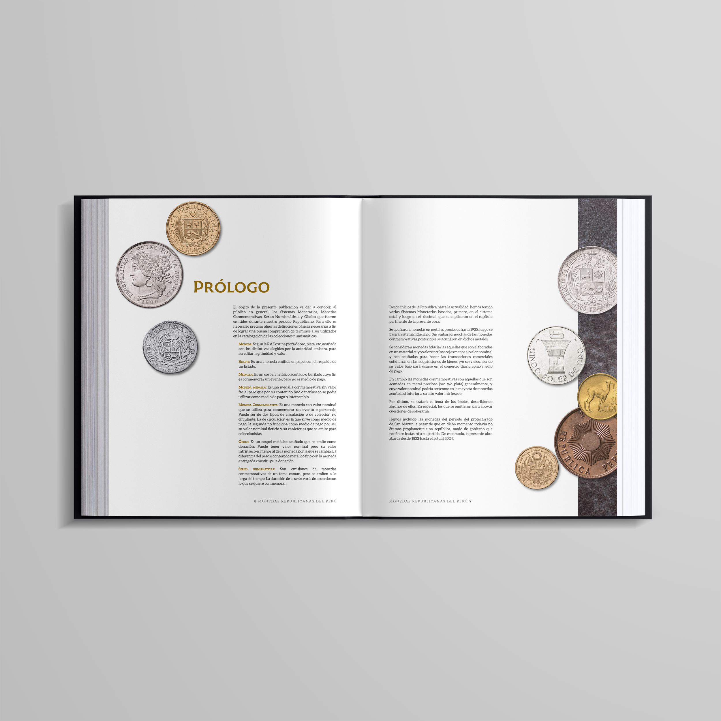 Libro Monedas Republicanas del Perú abierto, con páginas dedicadas a monedas peruanas.