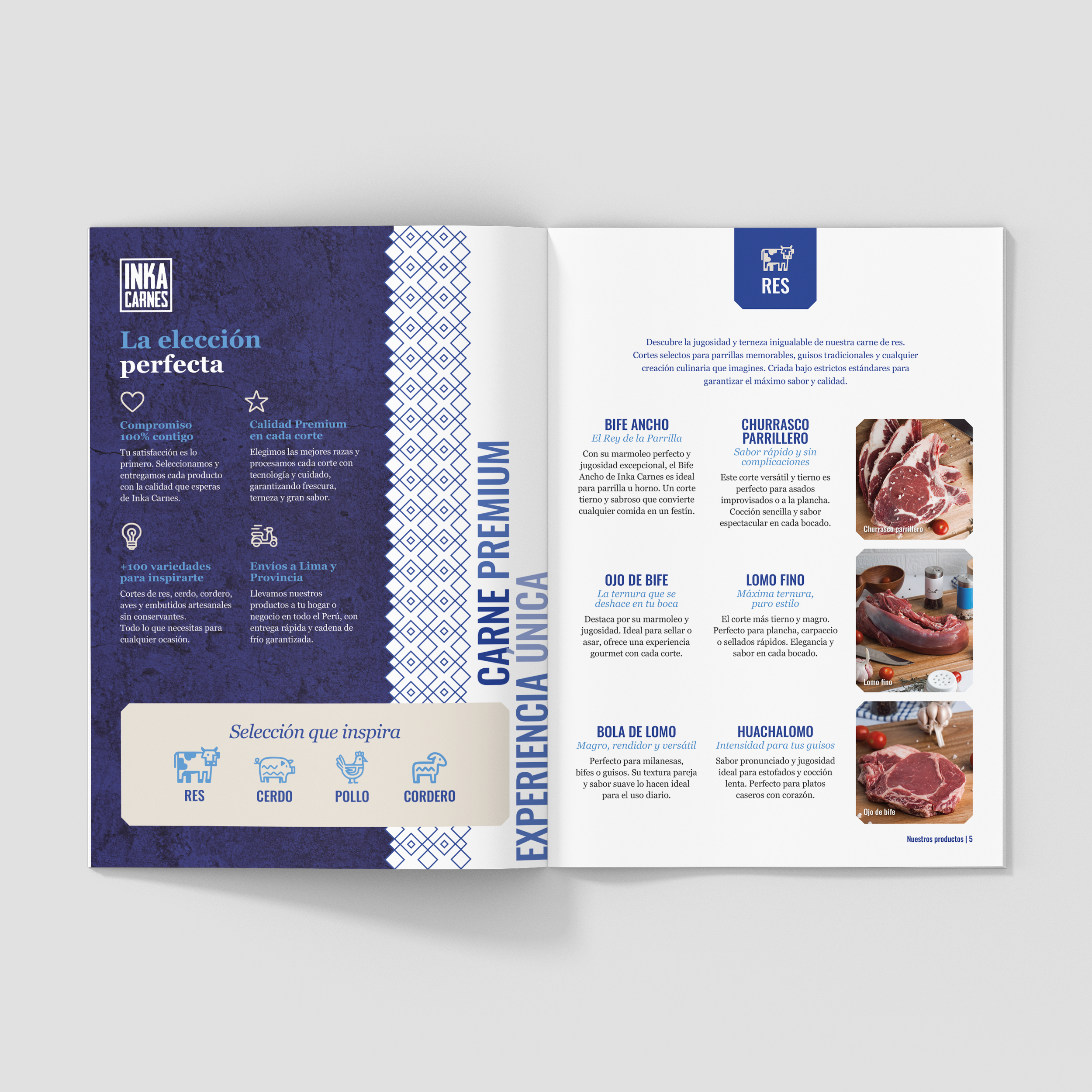 Catálogo abierto de Inka Carnes, con fotografías de cortes de carne y diseño editorial de productos.