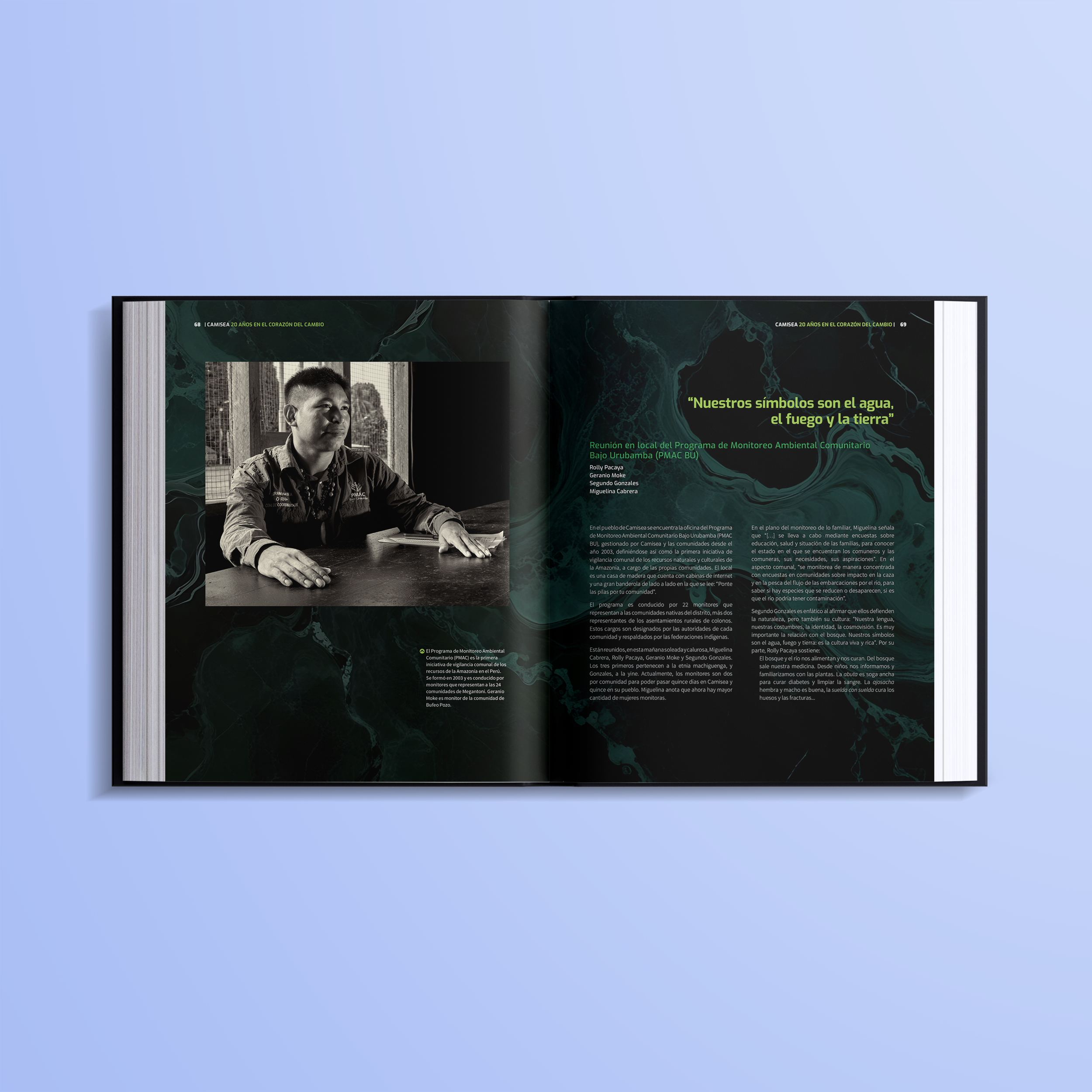 Doble página del libro Camisea: 20 años en el corazón del cambio, con fotografía y contenido editorial.