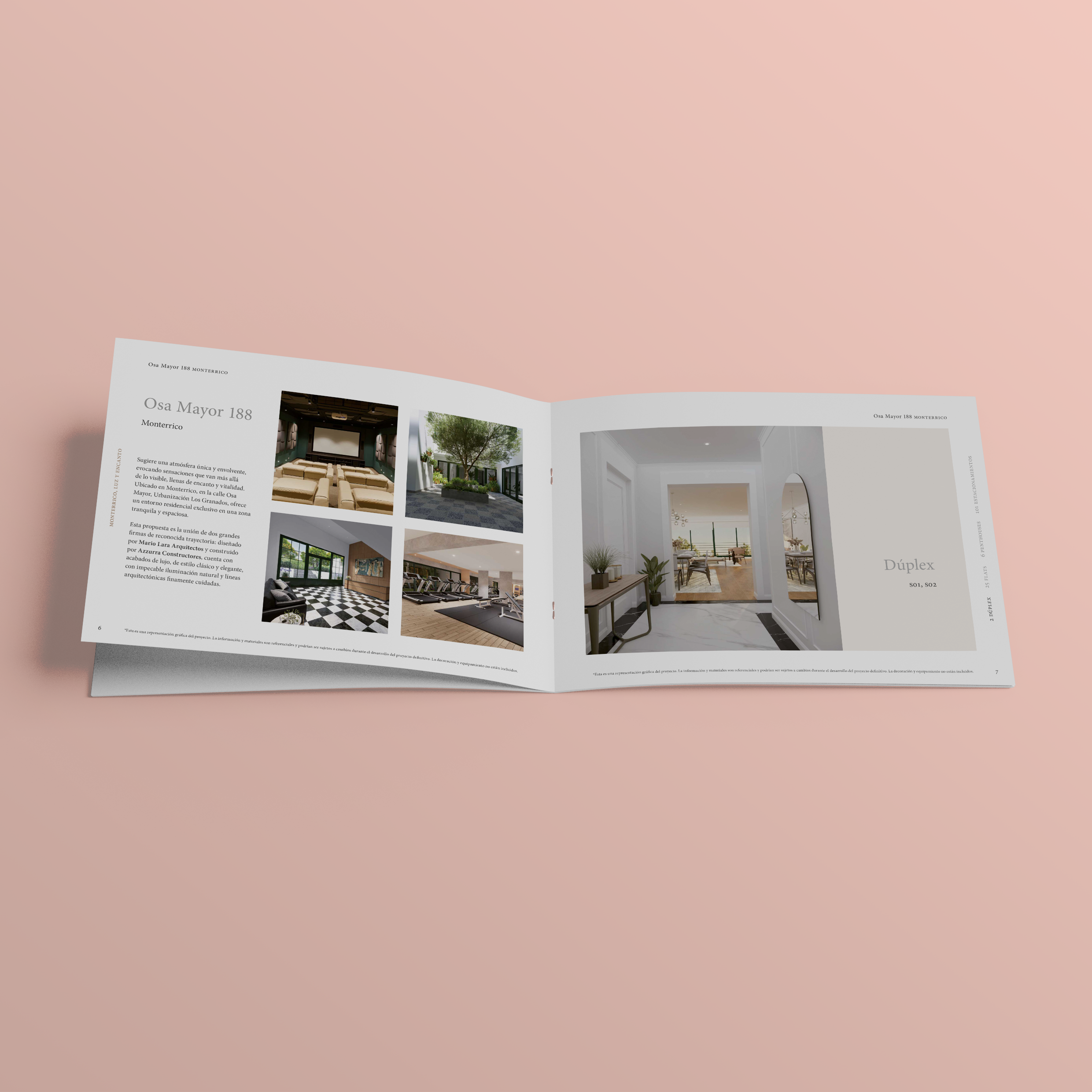Doble página del brochure Osa Mayor, con fotografías de interiores y diseño editorial.