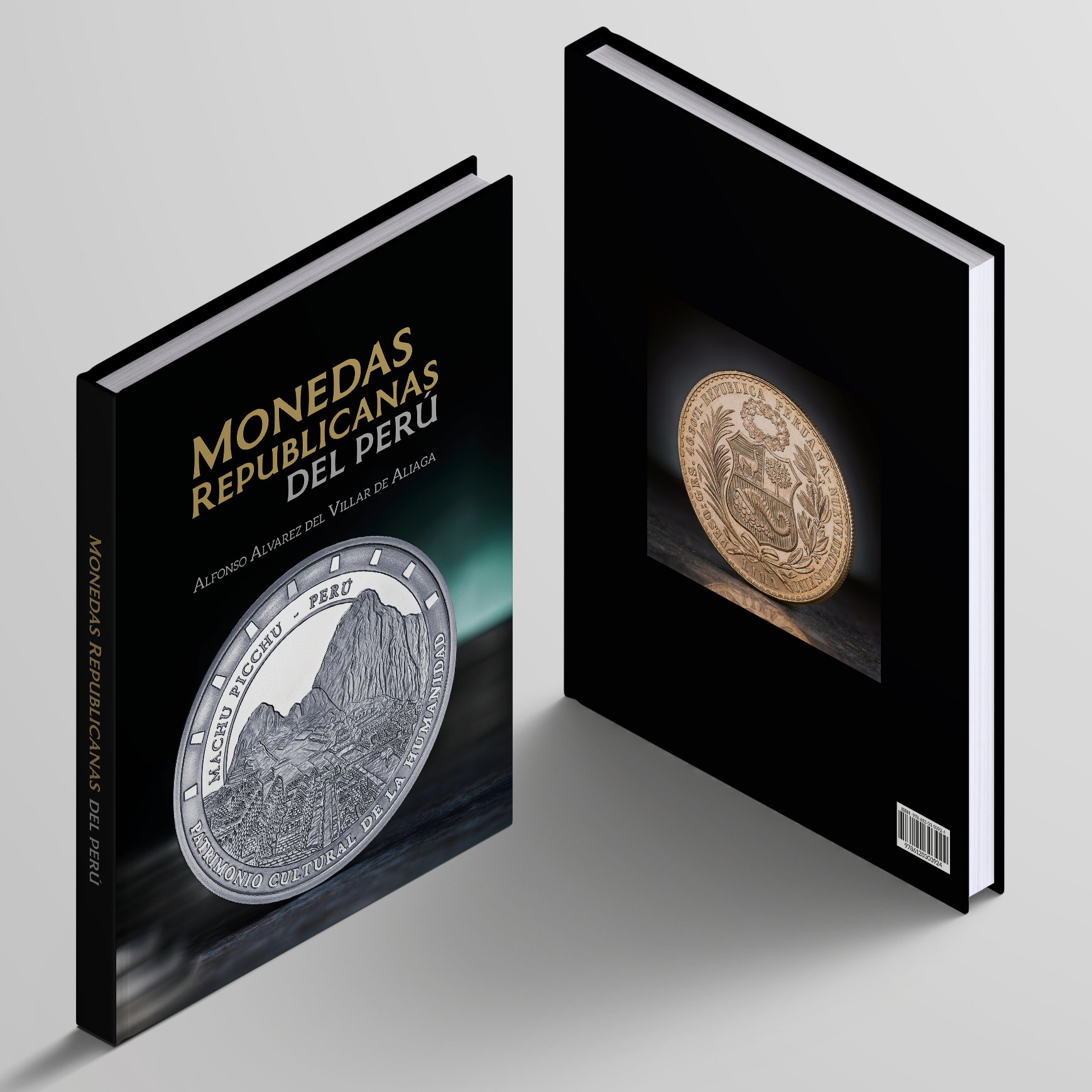 Portada y contraportada del libro “Monedas Republicanas del Perú”, de Alfonso Alvarez del Villar de Aliaga, con monedas peruanas.