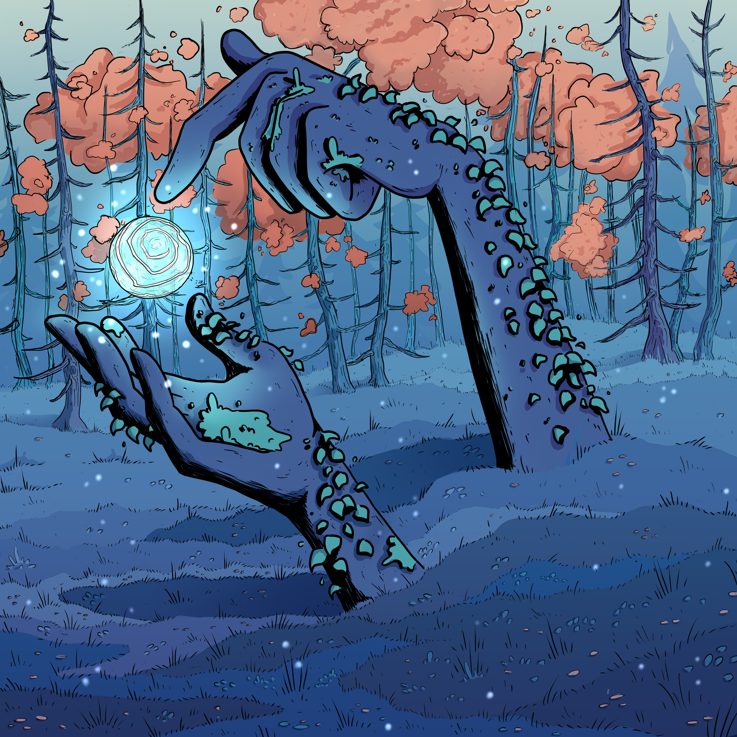 A digital illustration of a large, blue, aquatic dinosaur with spikes on its back, swimming in a forest with tall, thin trees that have pinkish-orange leaves. There are glowing white orbs around the creature and a spiral-shaped glowing object in the 
