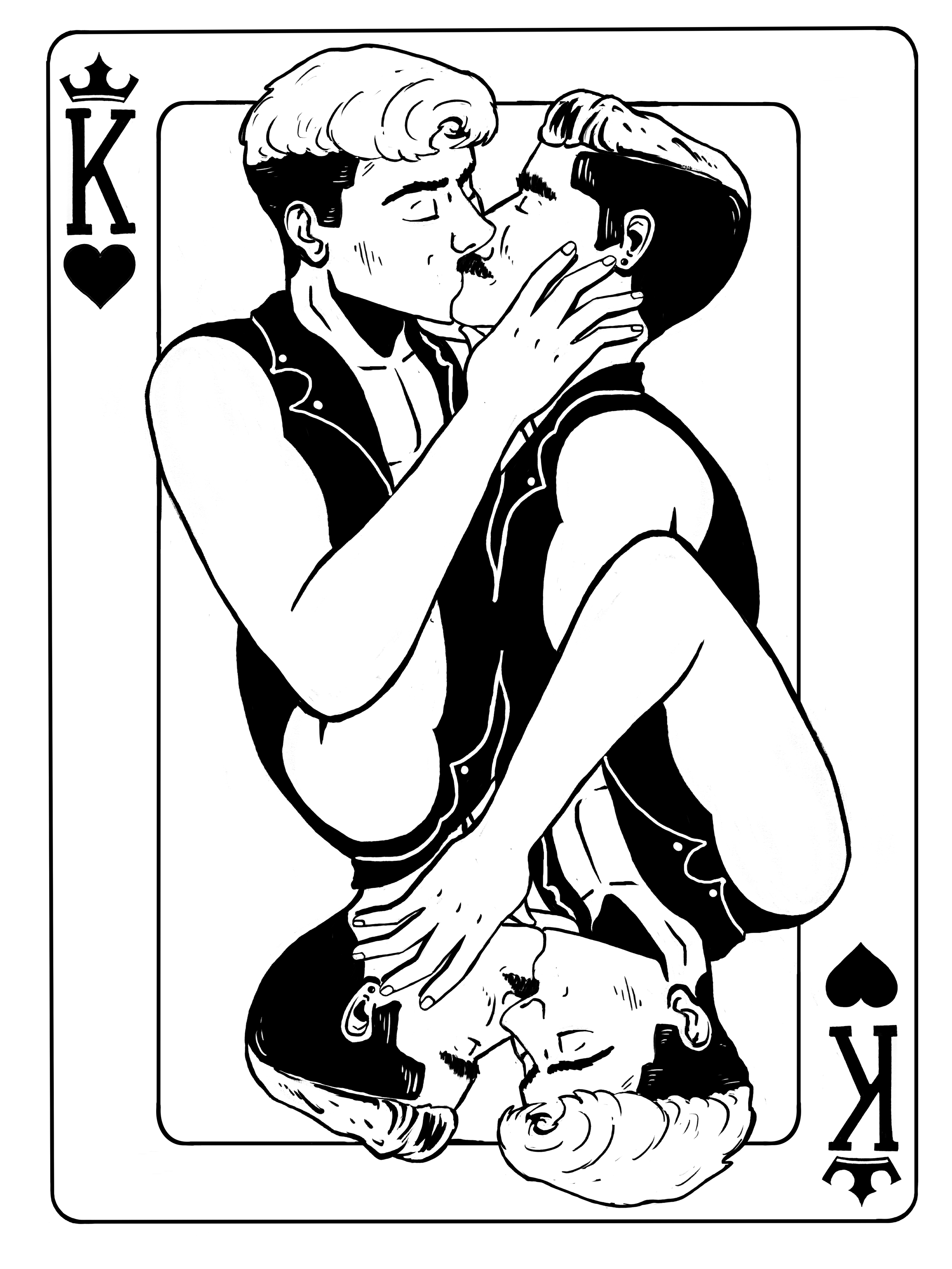 Black and white illustration of two men kissing, one with a mustache and the other with glasses, holding each other closely. The scene is within a playing card design labeled King of Hearts. Queer art.