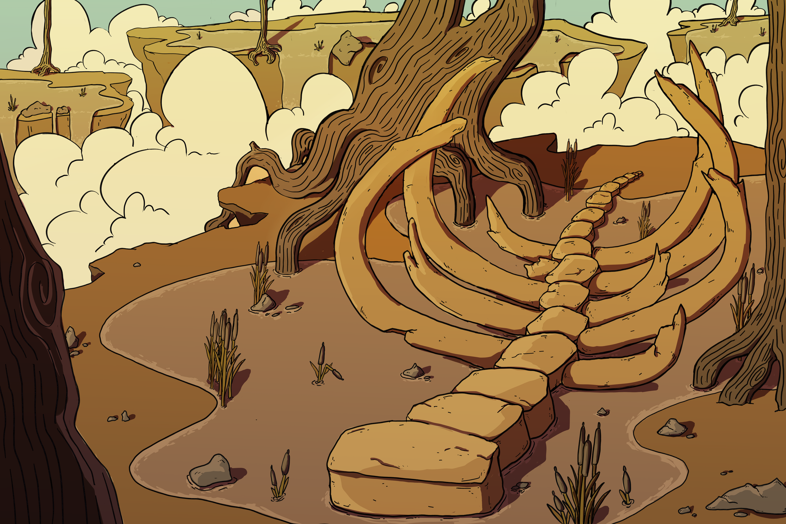 A cartoon illustration of a large, ancient tree with exposed roots, situated in a dry, a giant ribcage, grassy area with sparse vegetation. The tree has a thick trunk and prominent bark. In the background, there are rocky formations and a cloudy sky.