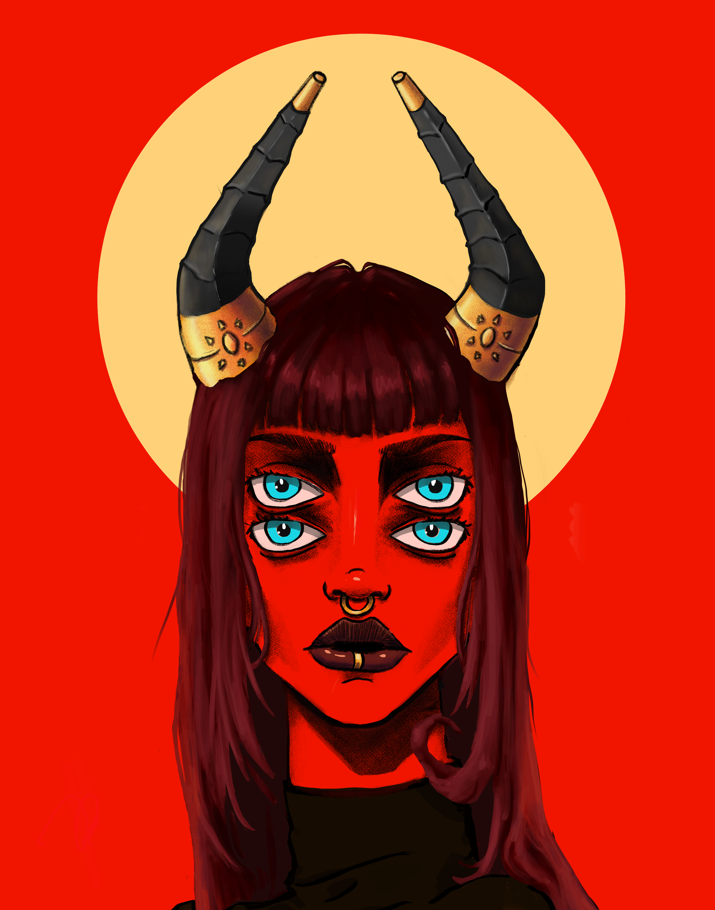 A digital illustration of a person with red skin, blue eyes, and dark brown hair, with four eyes stacked vertically on the face, topped with dragon-like black horns with golden bands and decorative markings, against a red circular background.