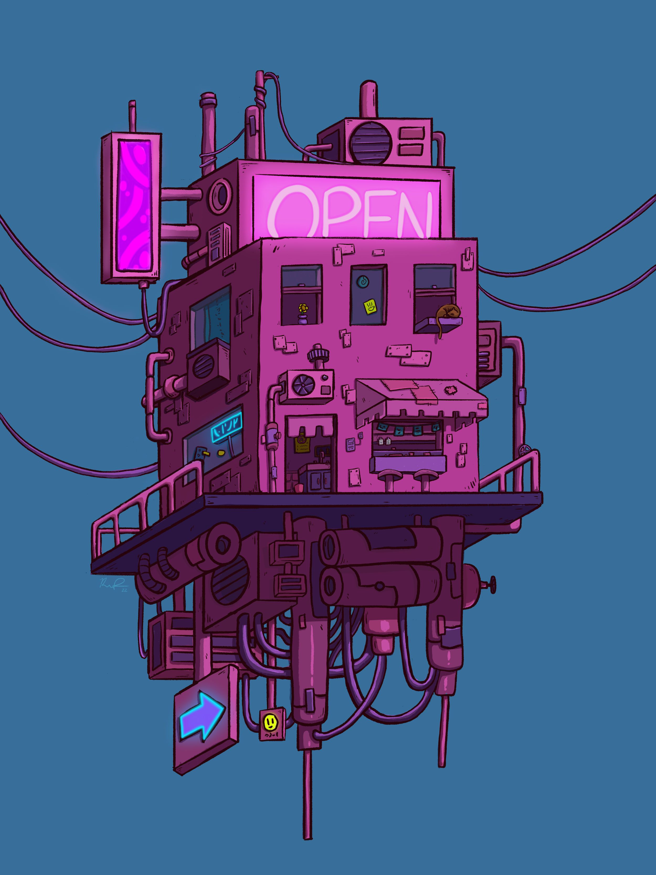 A digital illustration of an urban building with many pipes and wires, featuring bright neon signs including an 'OPEN' sign, a blue arrow, and a smiling face. The building has a pink and purple color theme.