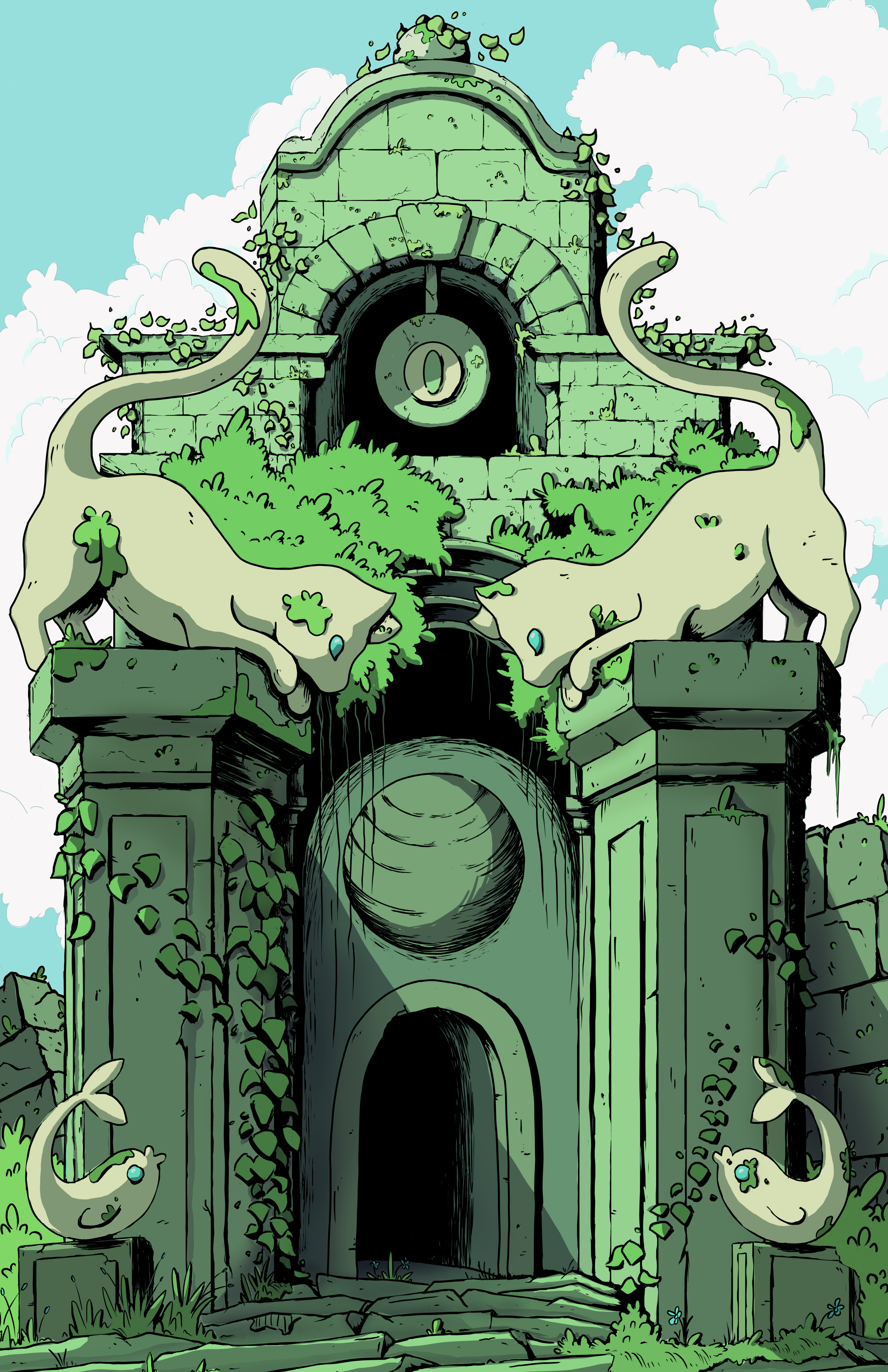 Illustration of an old, overgrown stone archway with a large circular opening, cat guardians, vines and greenery covering it, and a cloudy sky in the background.