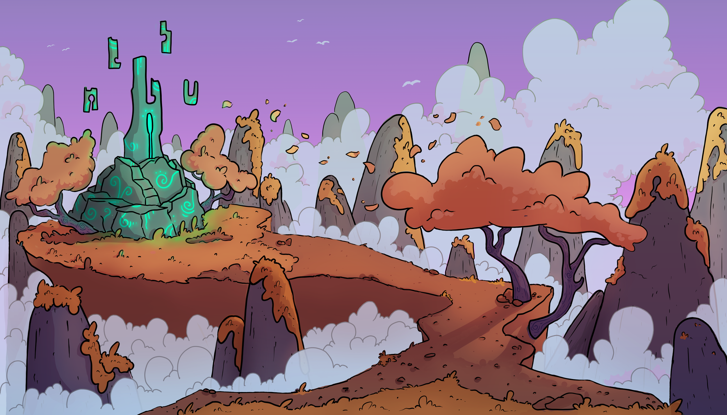 An animated fantasy landscape showing floating mountains, orange autumn trees with purple trunks, clouds, and mist, with glowing teal runes inscribed on a large stone in the foreground.