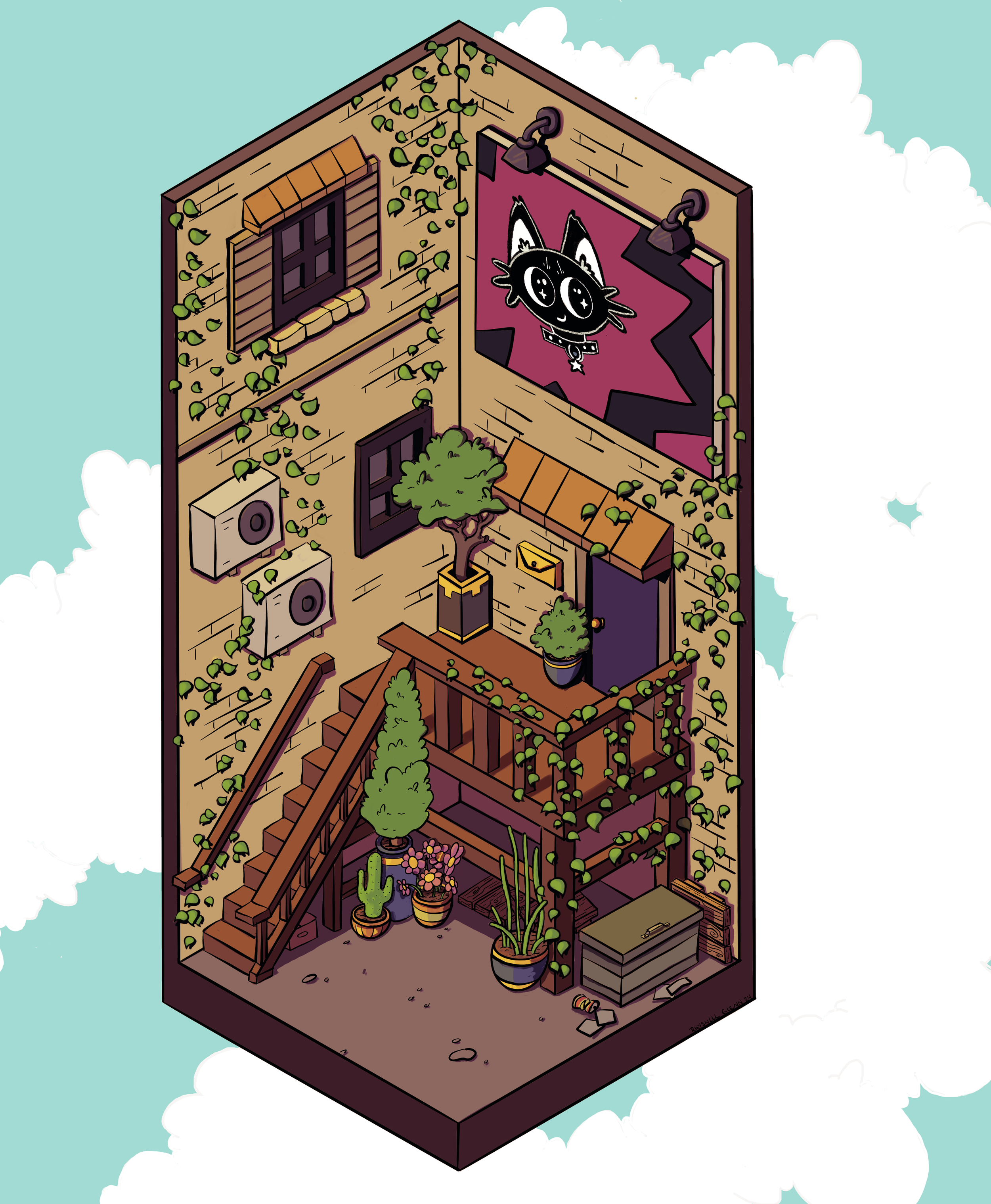 A cross-section view of an urban alley and apartment entrance. Decked out with plants, stairs, and furniture, including potted cacti and trees, against a backdrop of clouds.