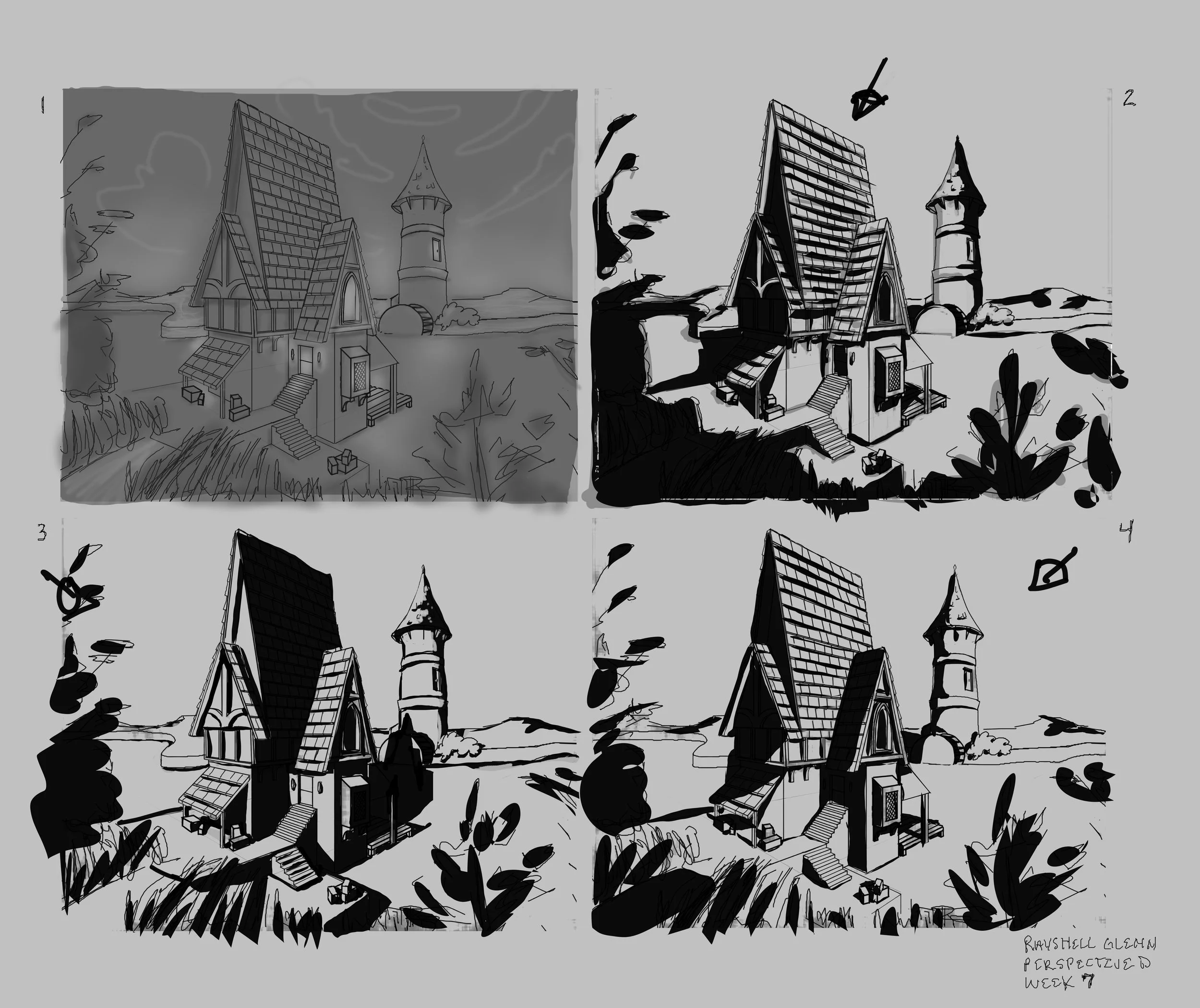 A black-and-white sketch of a old house and windmill, viewed from a perspective angle, with plants and clouds in the background. A lighting study.